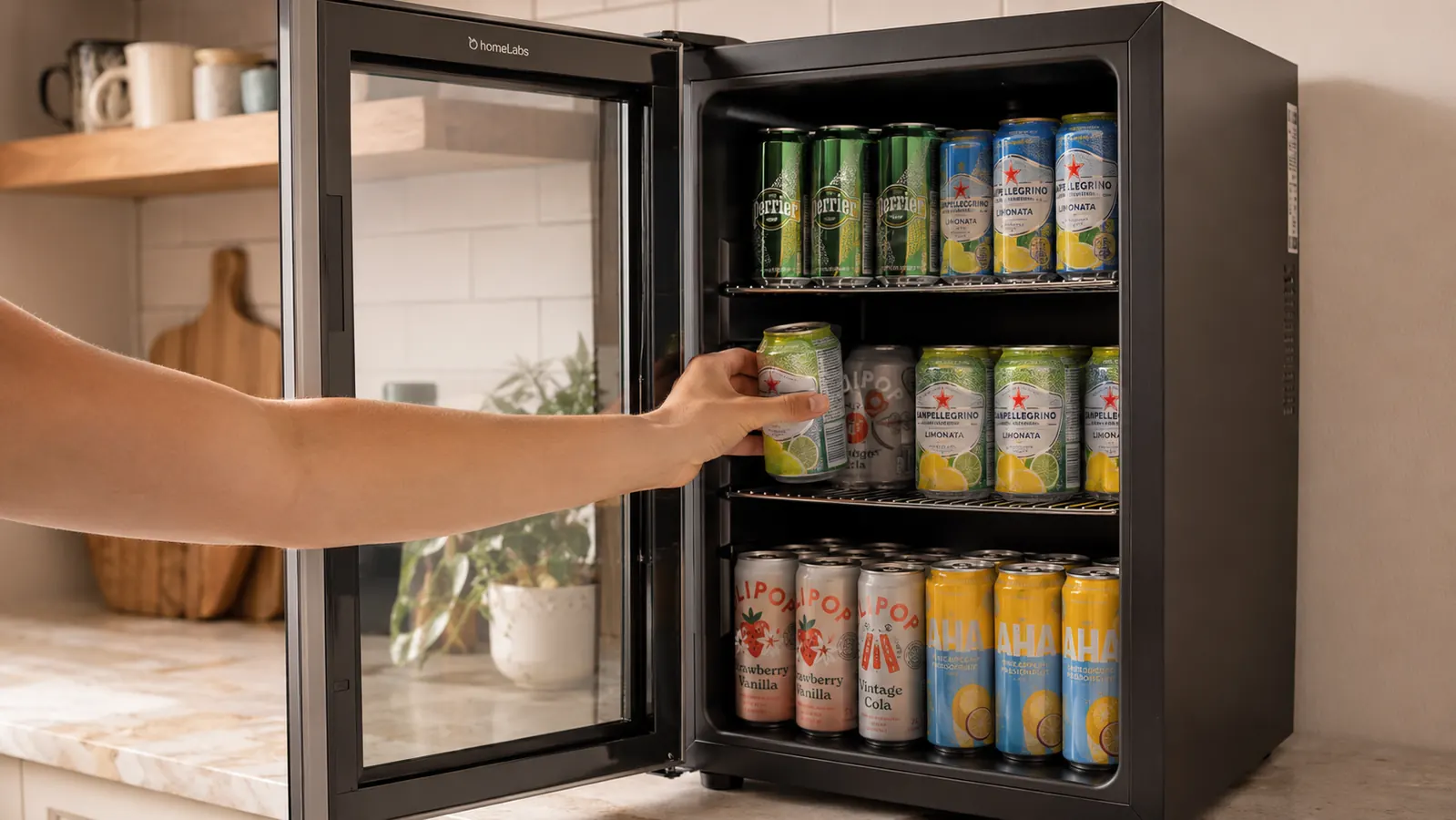 Hand restocking cans into the adjustable wire shelves of the beverage fridge
