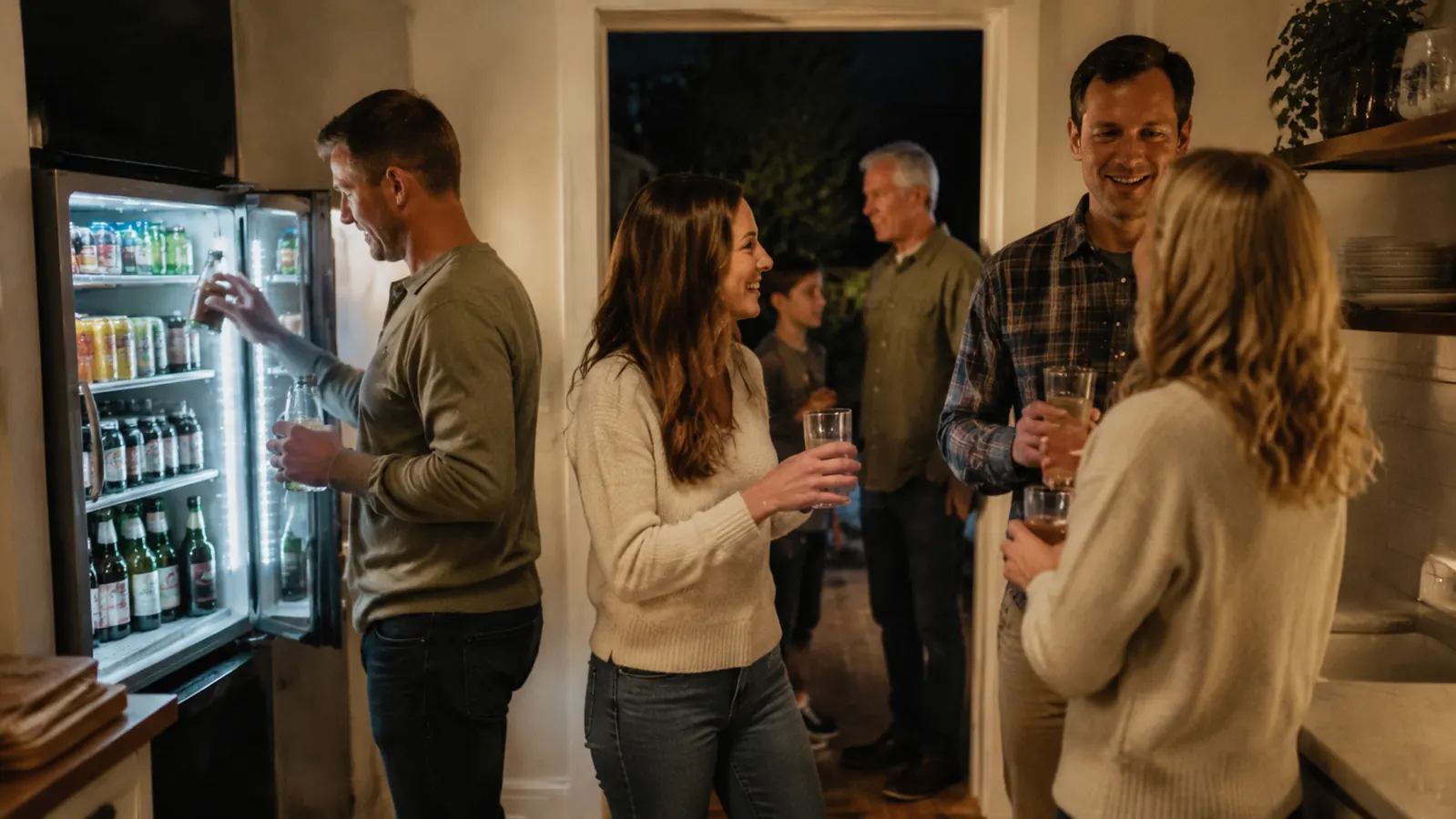 Family gathering near the beverage fridge grabbing their own drinks during a party