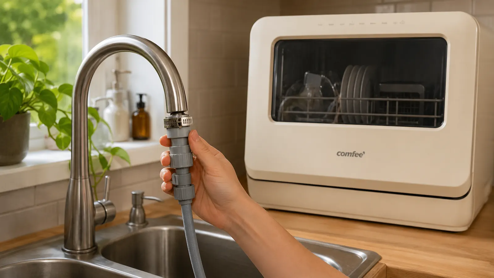 Close-up of a faucet adapter connecting a kitchen faucet to a countertop dishwasher hose