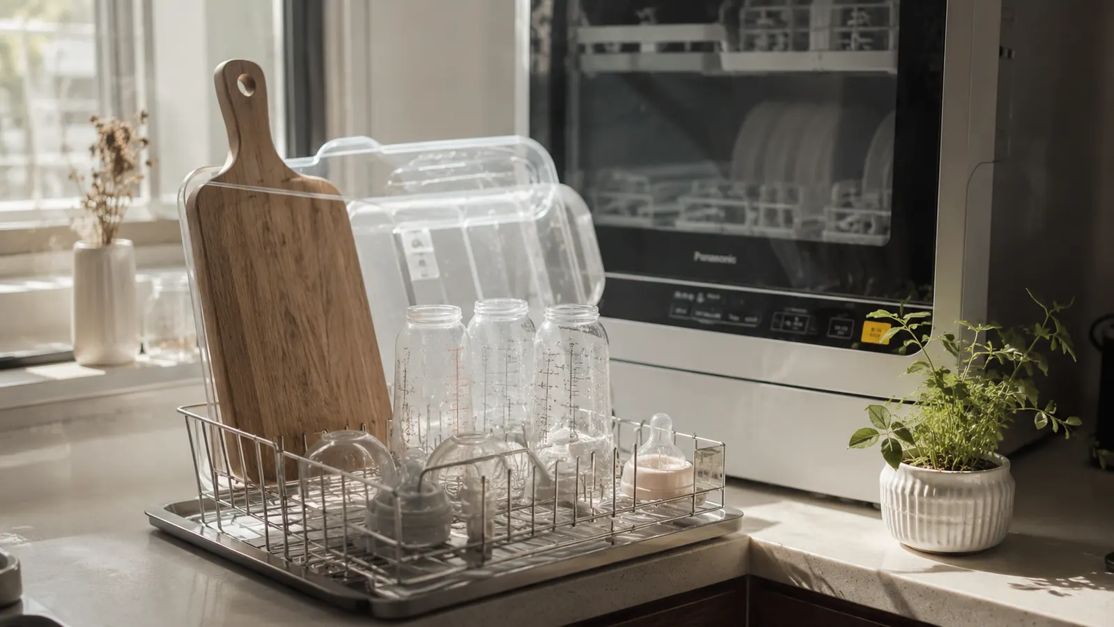Sanitized baby bottles and a cutting board resting on a drying rack beside a countertop dishwasher