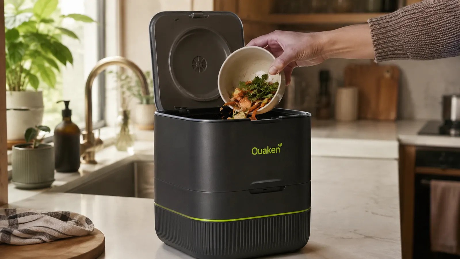 Hand scraping vegetable peels and coffee grounds into the open Ouaken composter basket