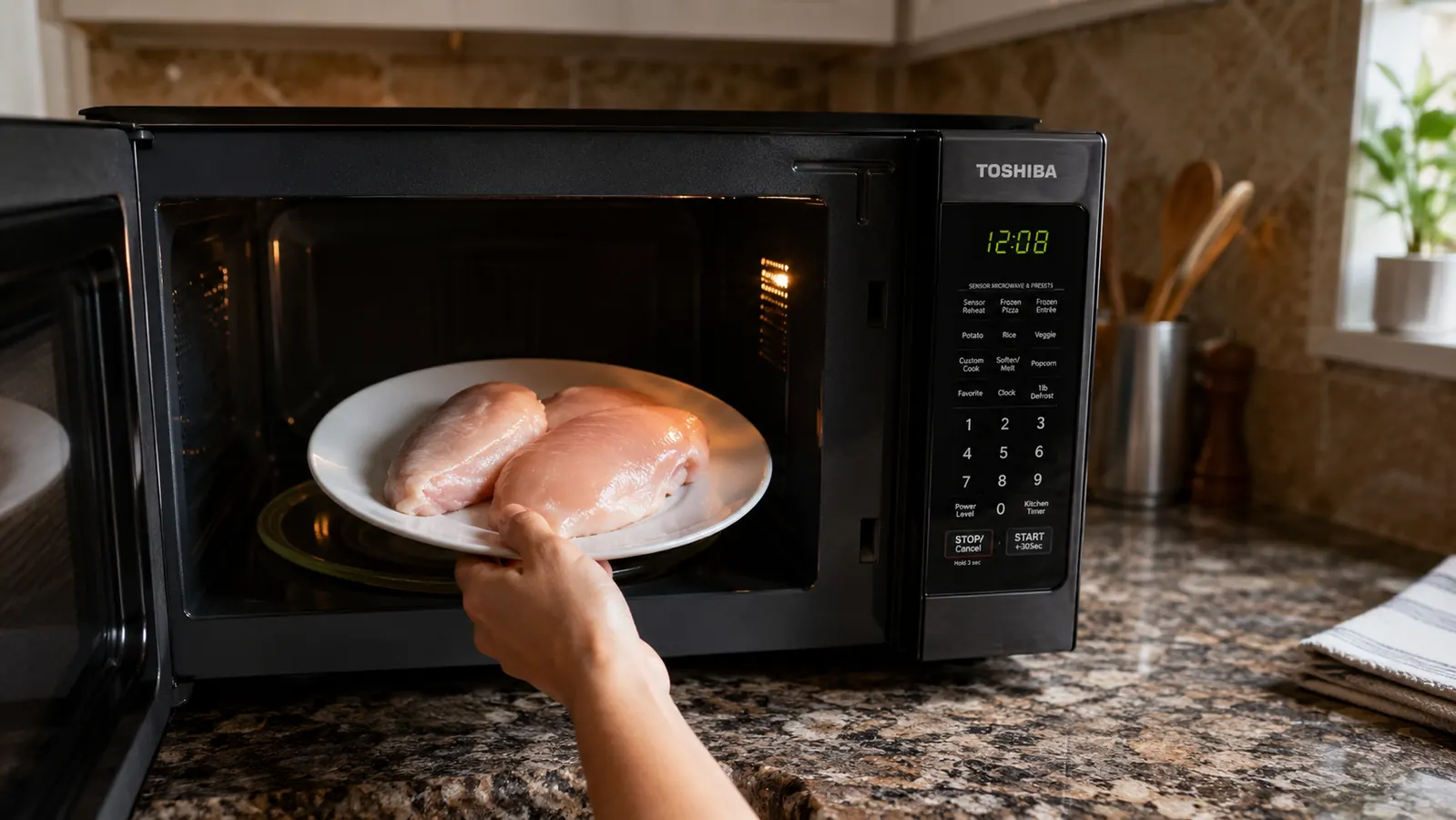 Woman pulling a defrosted chicken breast out of the microwave, the edges still raw-pink and not precooked