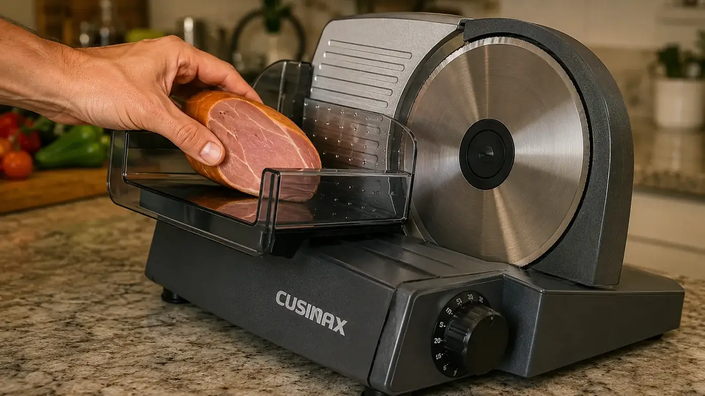 Hand feeding a block of deli turkey into the food carriage of the CUSIMAX electric meat slicer with the thickness dial visible