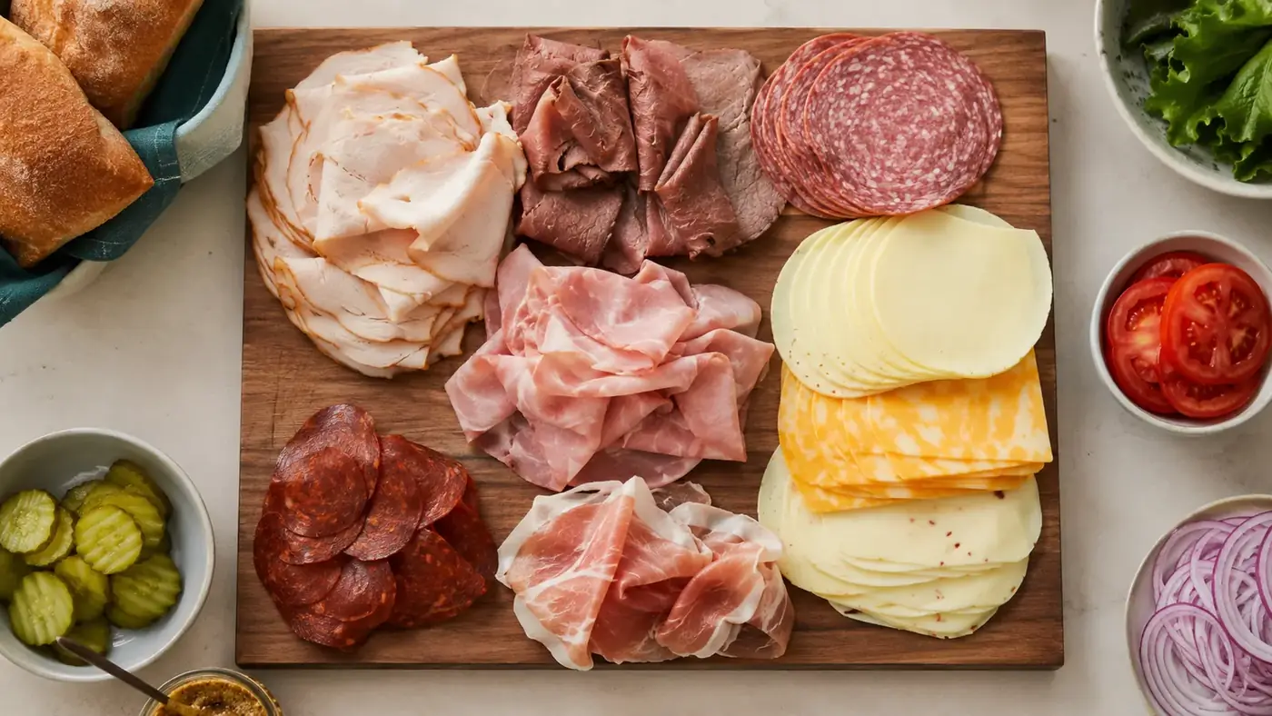 Family sandwich station on a kitchen counter with fresh sliced meat, cheese, and bread stacked in neat piles