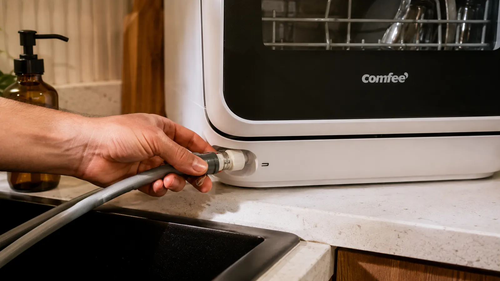 Hand connecting the faucet adapter hose to the COMFEE' countertop dishwasher