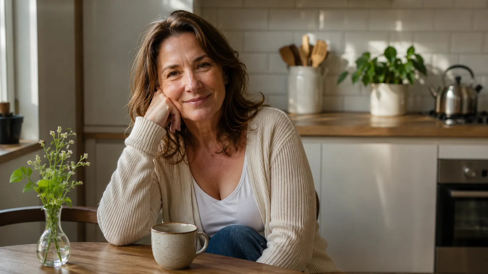 Woman sitting at a small kitchen table with a cup of coffee, relaxed, dishes done