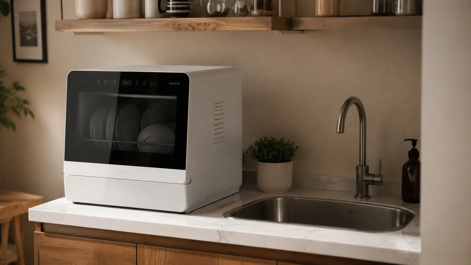 Countertop dishwasher tucked beside a sink in a small apartment kitchen