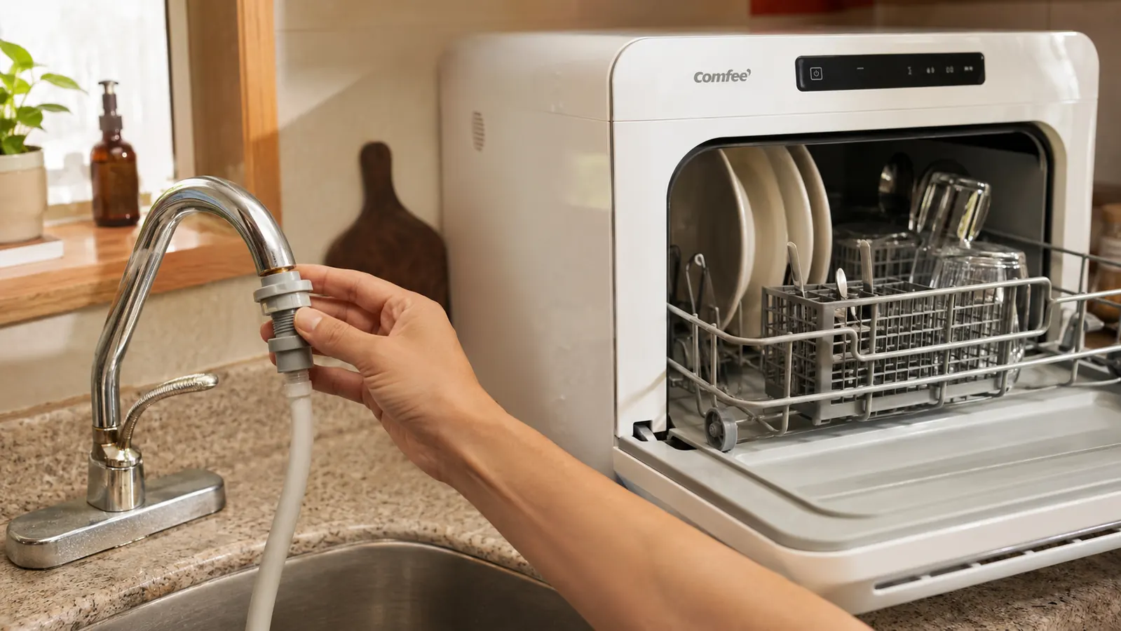 Hand testing a faucet adapter fit before connecting the countertop dishwasher