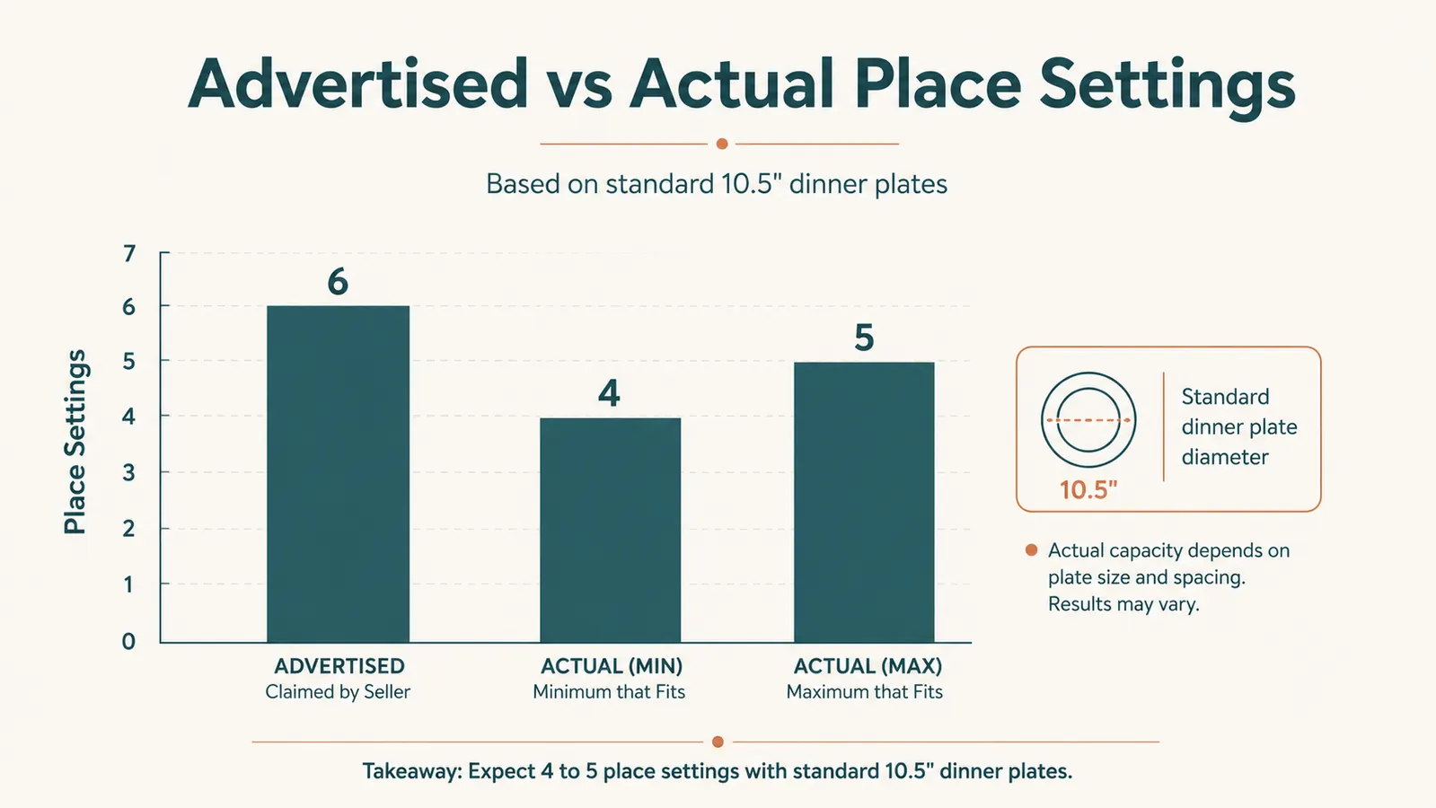 Bar chart comparing the advertised place setting capacity to the real number of standard plates that fit