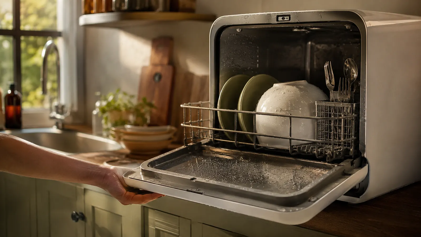 Open countertop dishwasher with condensation on the racks and a hand propping the door to air dry
