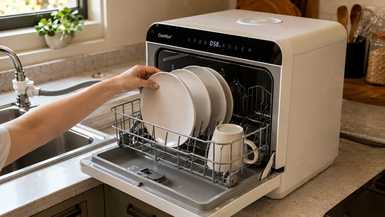 Hand loading plates into the COMFEE' countertop dishwasher rack