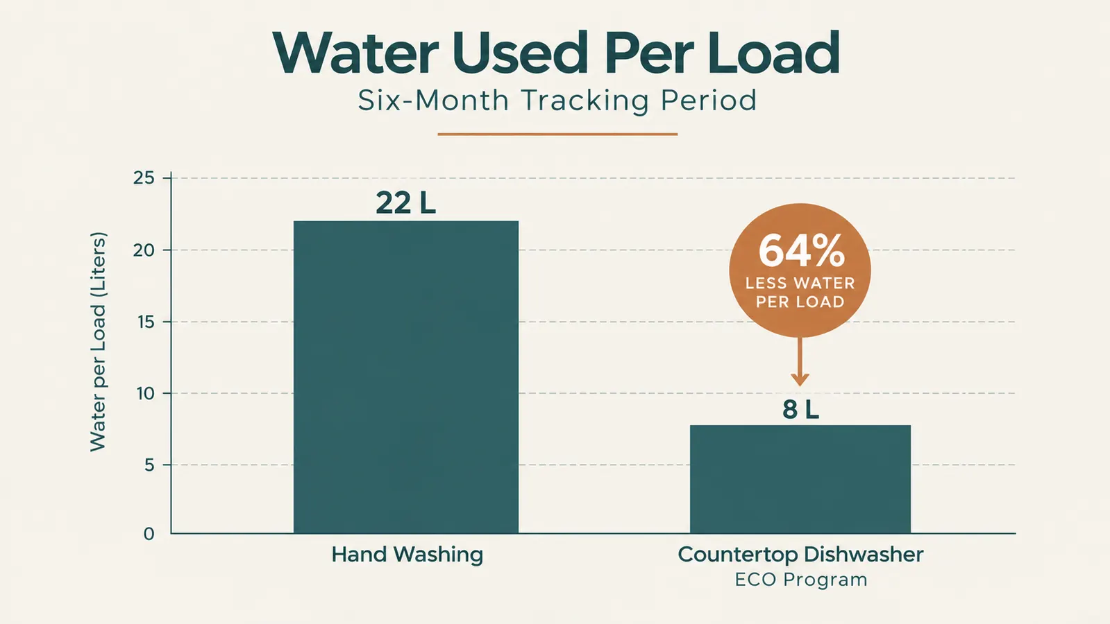 Bar chart comparing gallons of water used per load, hand washing versus countertop dishwasher