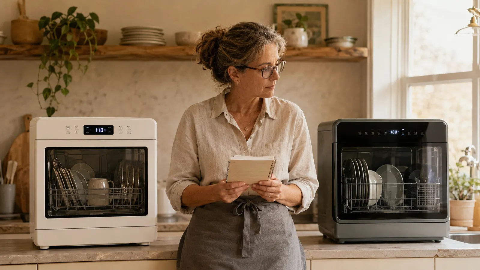 Woman comparing two countertop dishwashers on her kitchen counter