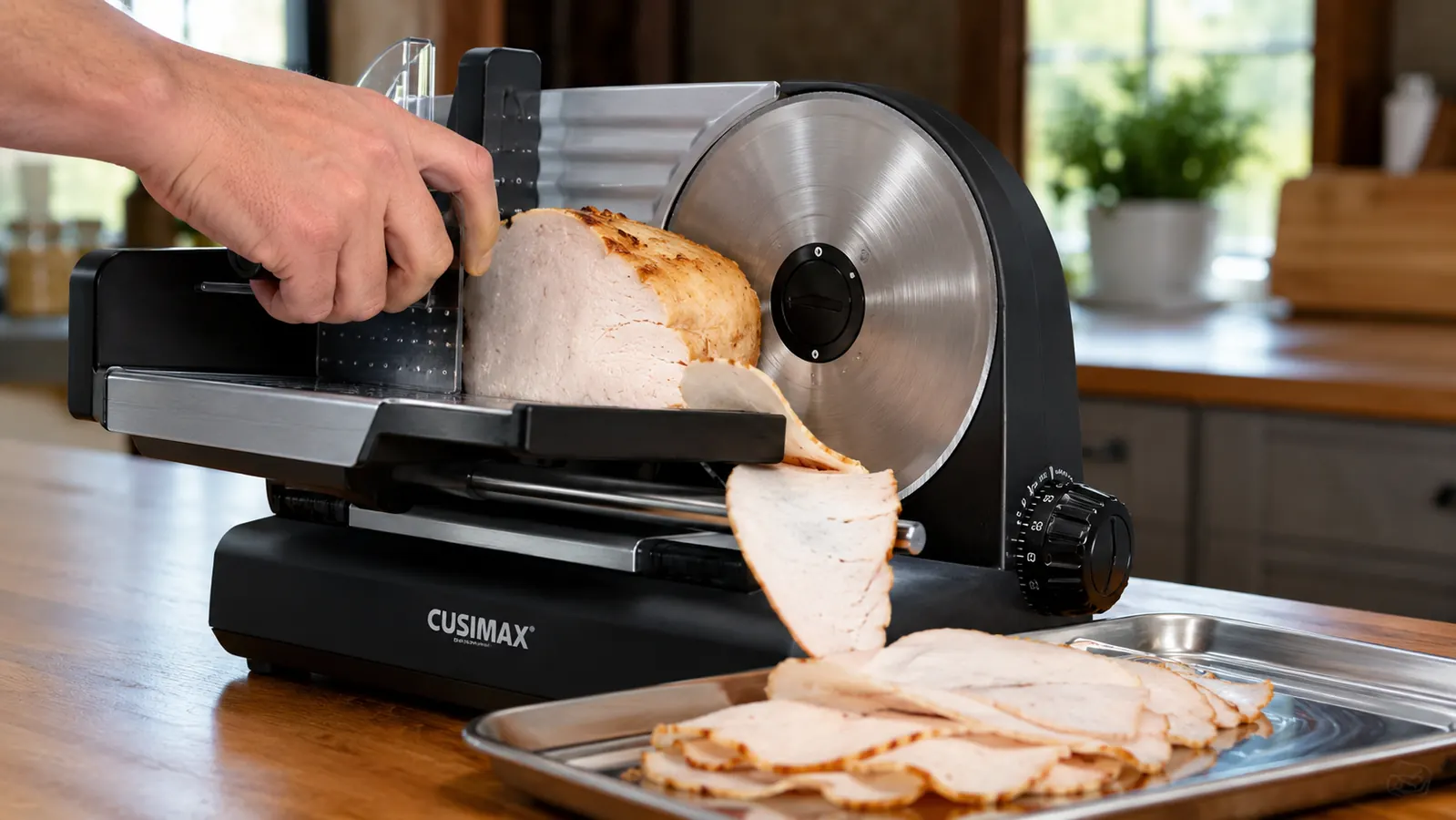 Close-up of hands guiding meat through the food carriage of the CUSIMAX electric slicer as thin slices fall onto a tray