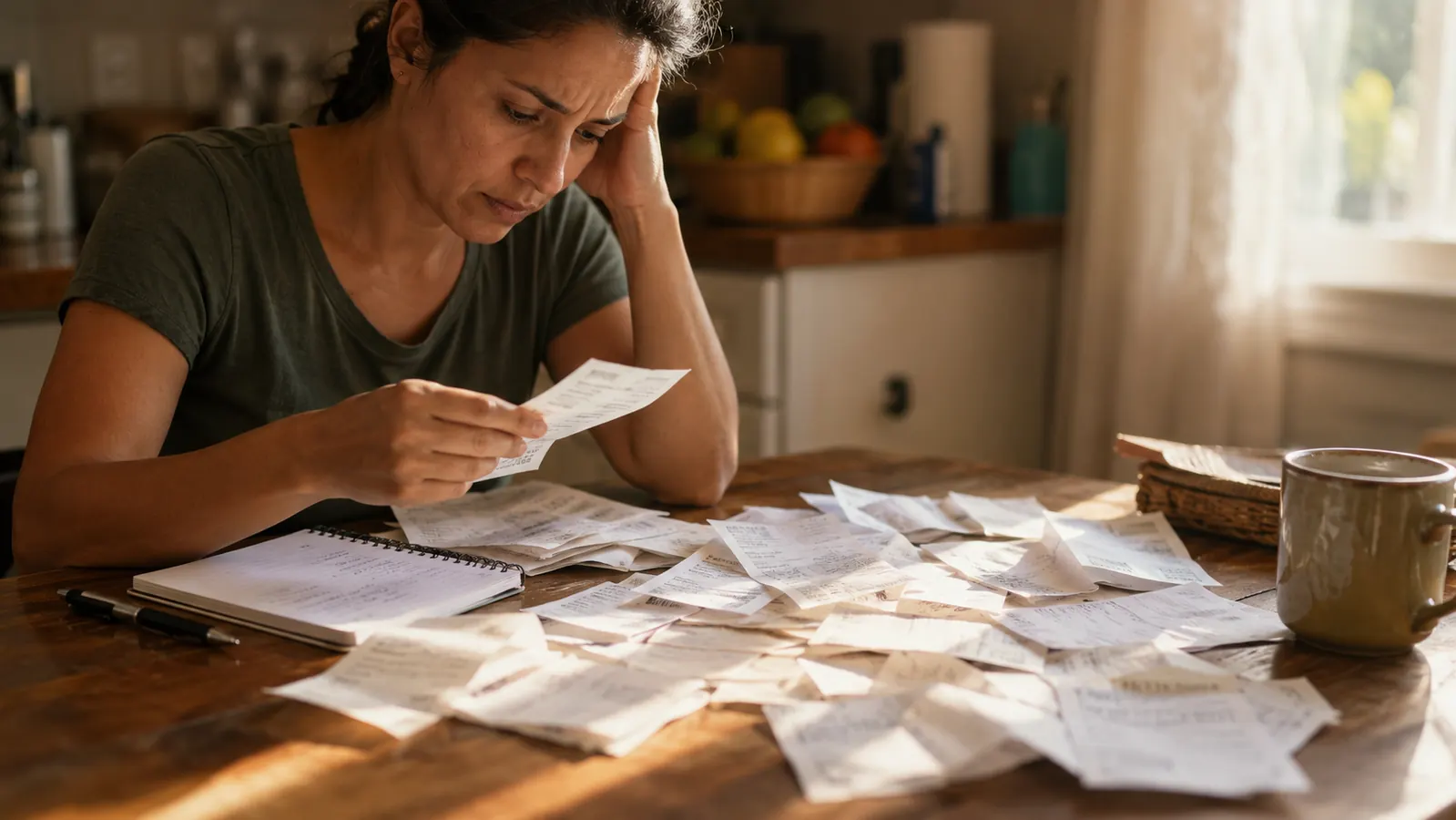 Kitchen table with grocery receipts and a notepad showing weekly deli spending added up
