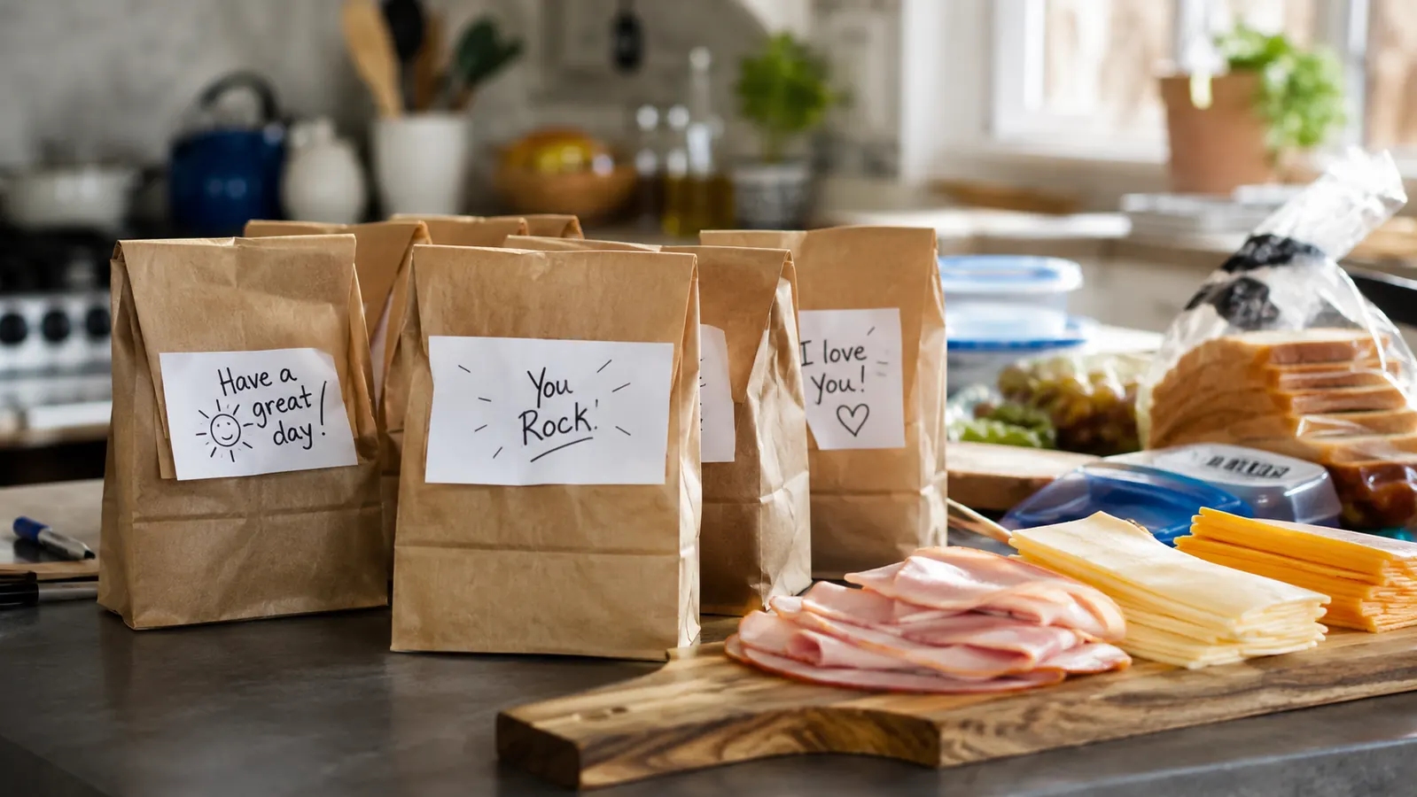 Packed school lunch bags on a kitchen counter next to sliced deli ham and cheese