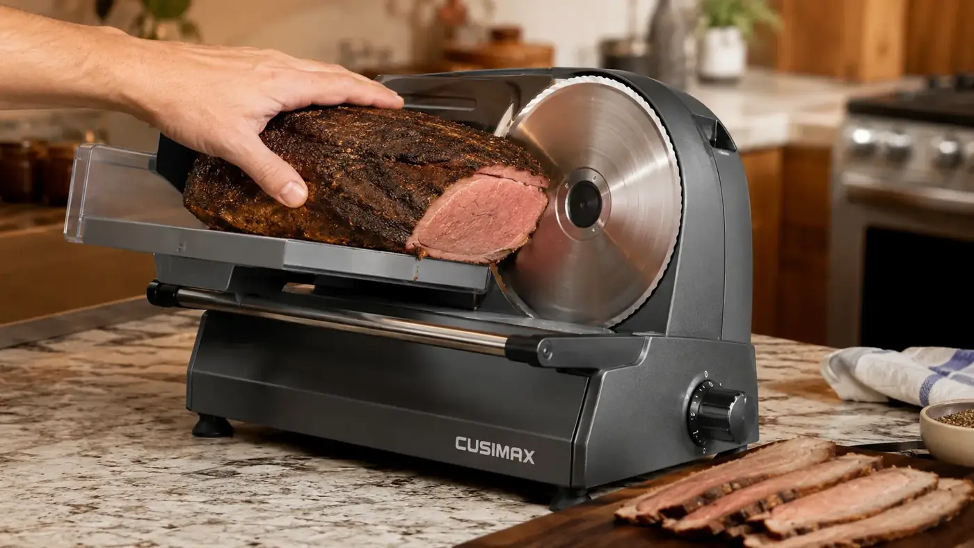 Hand guiding a chilled cut of brisket through the food carriage of the electric slicer