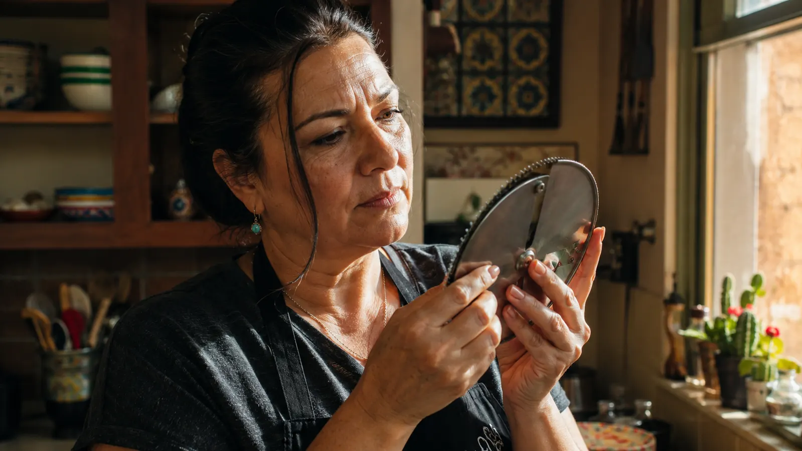 Woman in her fifties examining a slicer blade edge with her thumbnail near a sunlit kitchen window