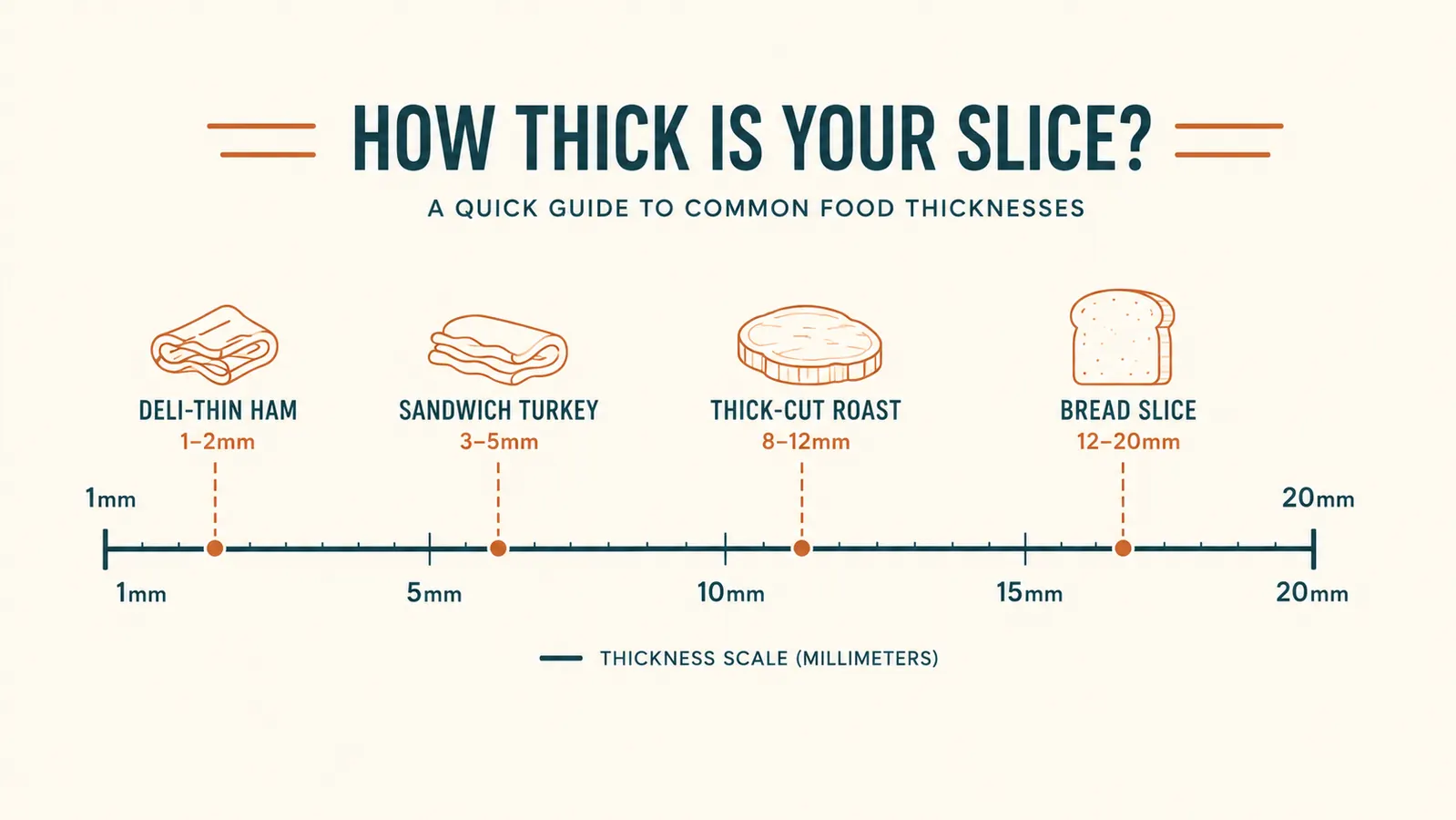 Chart showing thickness dial settings from paper-thin to thick-cut and typical uses for each on the CUSIMAX slicer