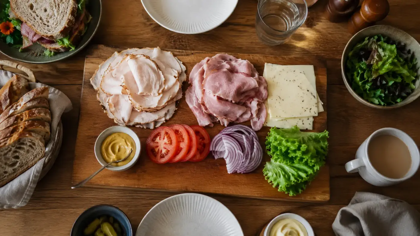 Family sandwich lunch spread on a kitchen table with sliced meats and cheeses from the CUSIMAX slicer