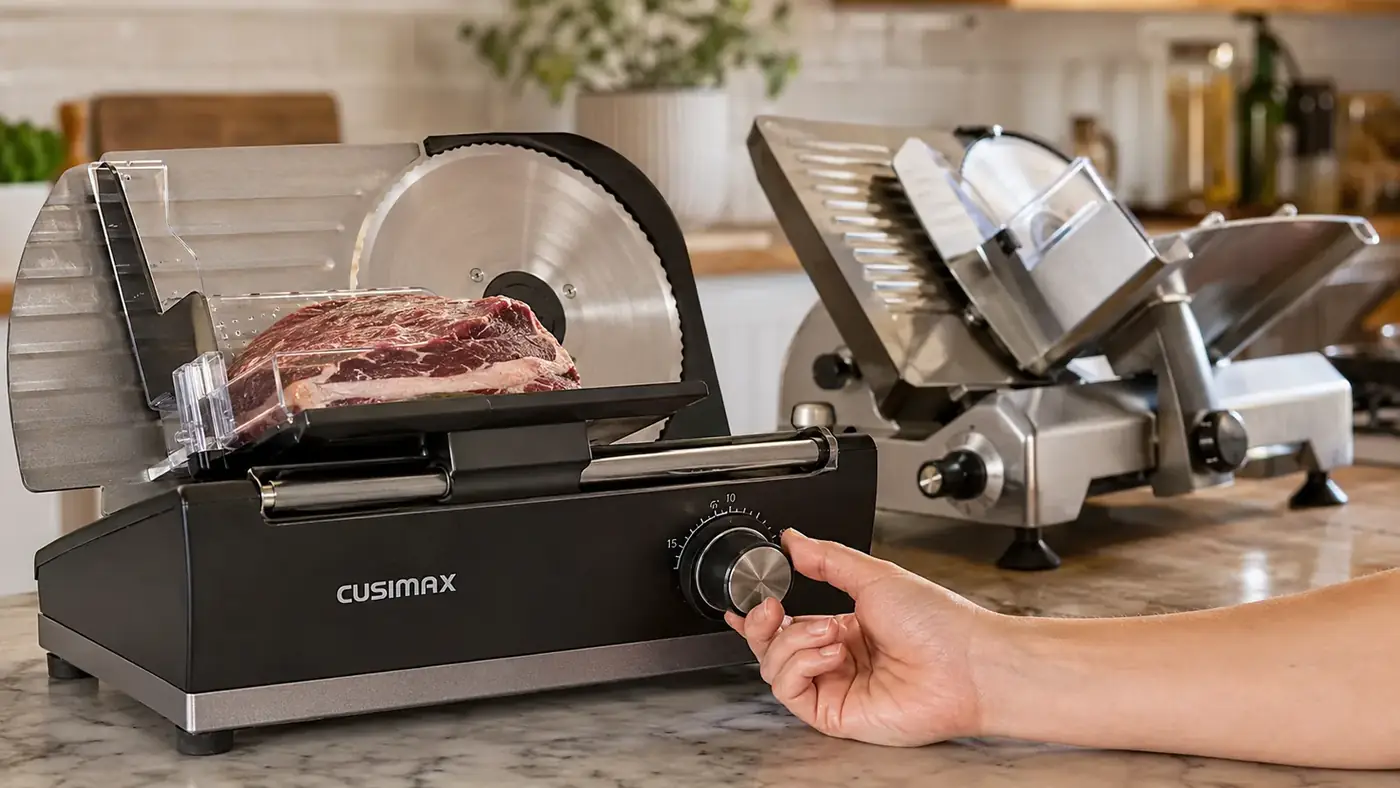 Hand adjusting the thickness dial on the CUSIMAX electric meat slicer during a side-by-side test
