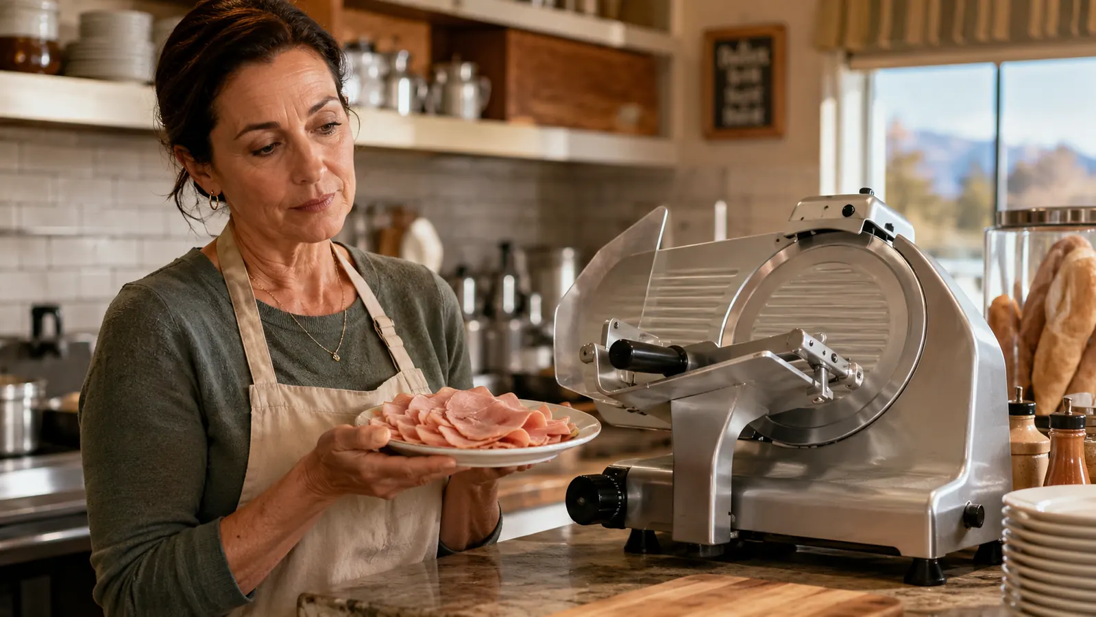 Woman comparing slices of deli meat cut by two different electric slicers on her kitchen counter