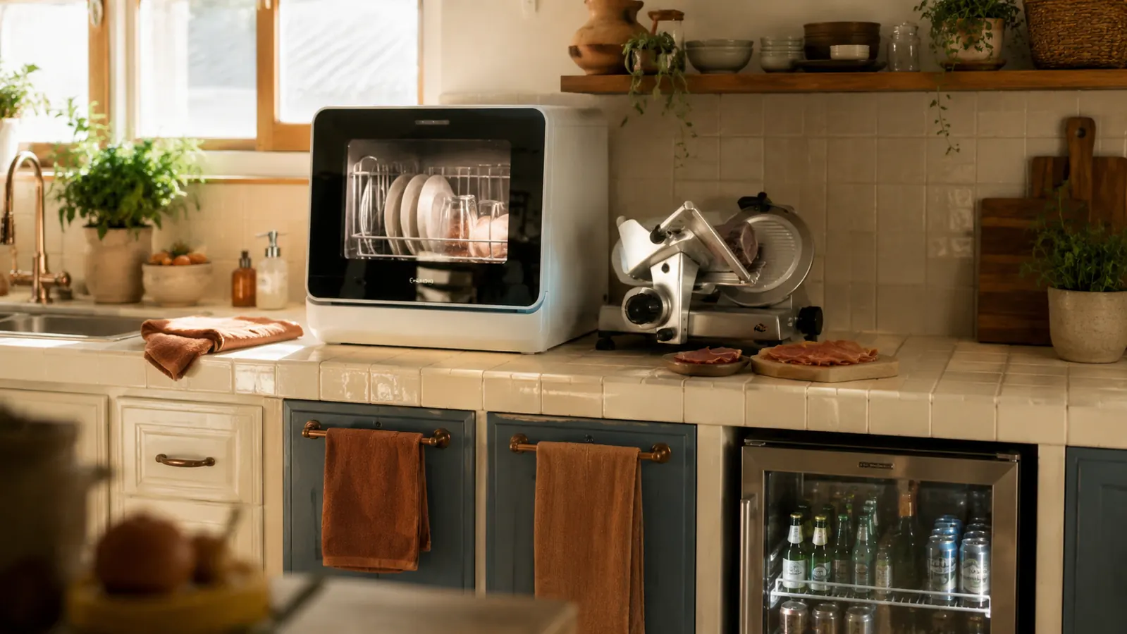 A bright kitchen counter with compact appliances arranged in warm morning light