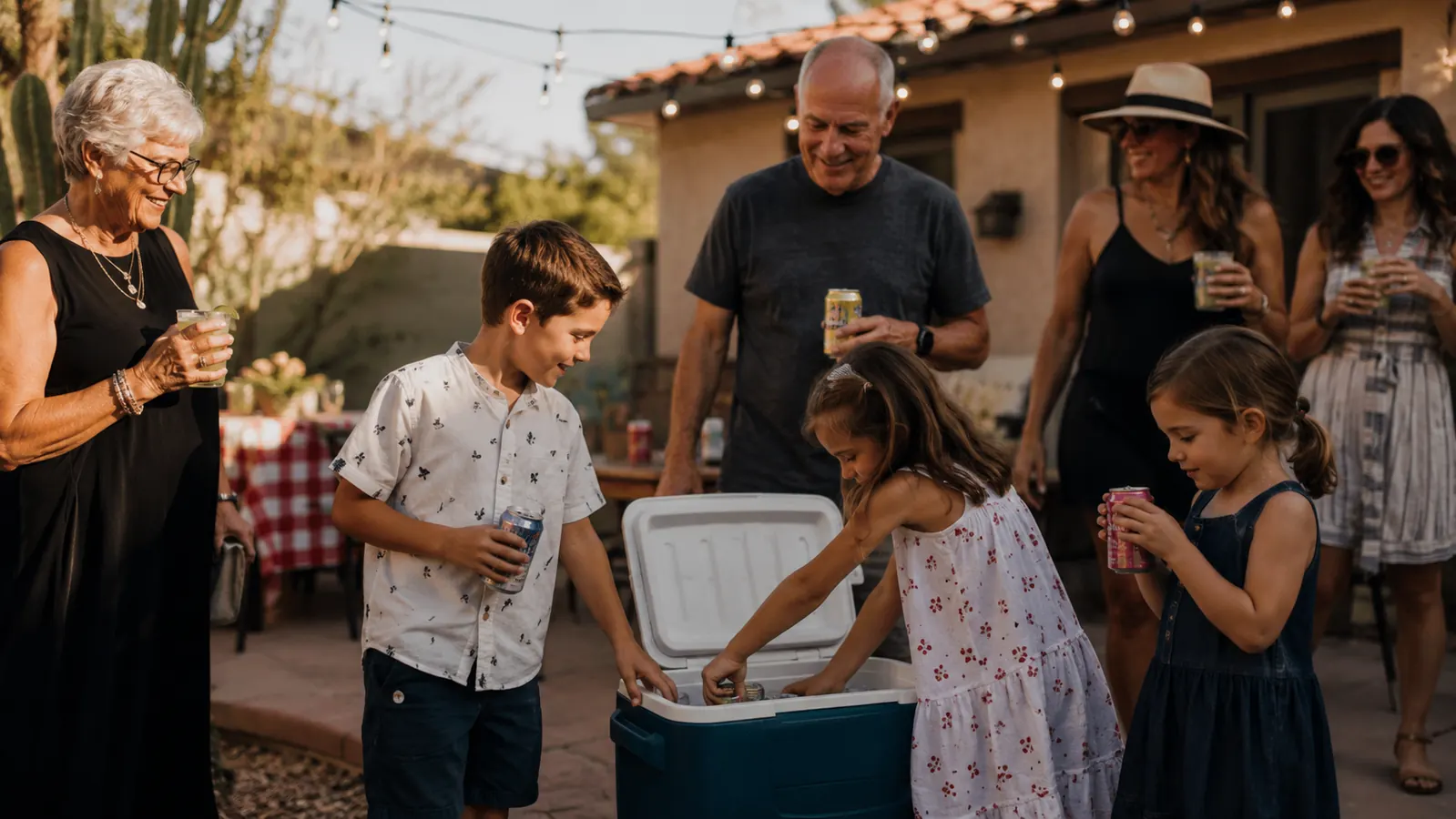 Family gathered on a Tucson patio pulling cold drinks from a small beverage fridge during a backyard cookout