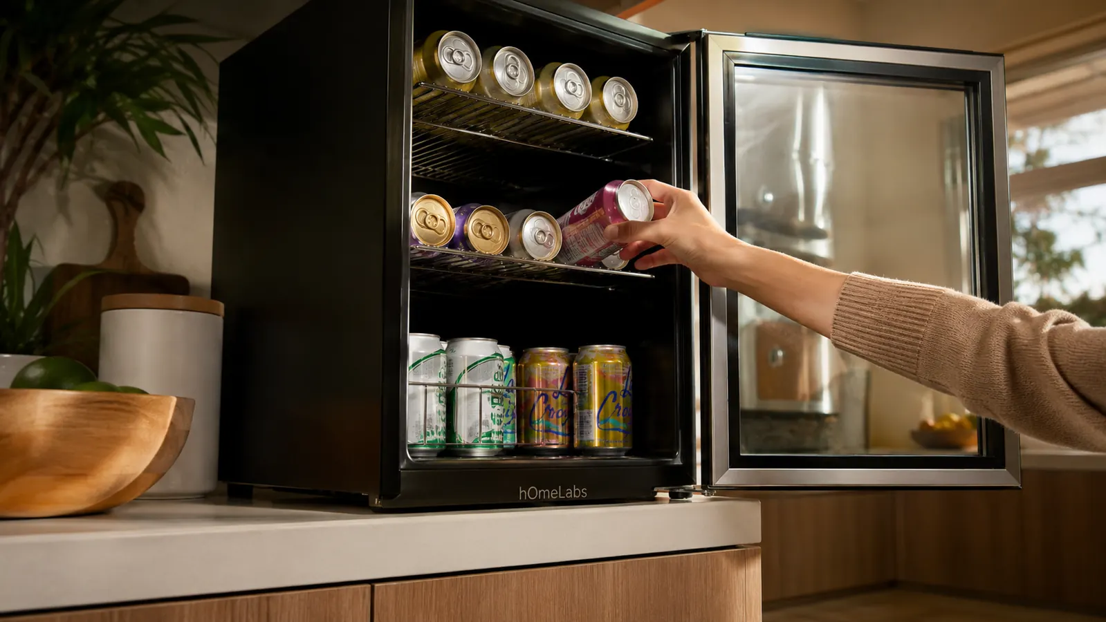 Hand loading canned drinks onto the shelves of the hOmeLabs beverage fridge