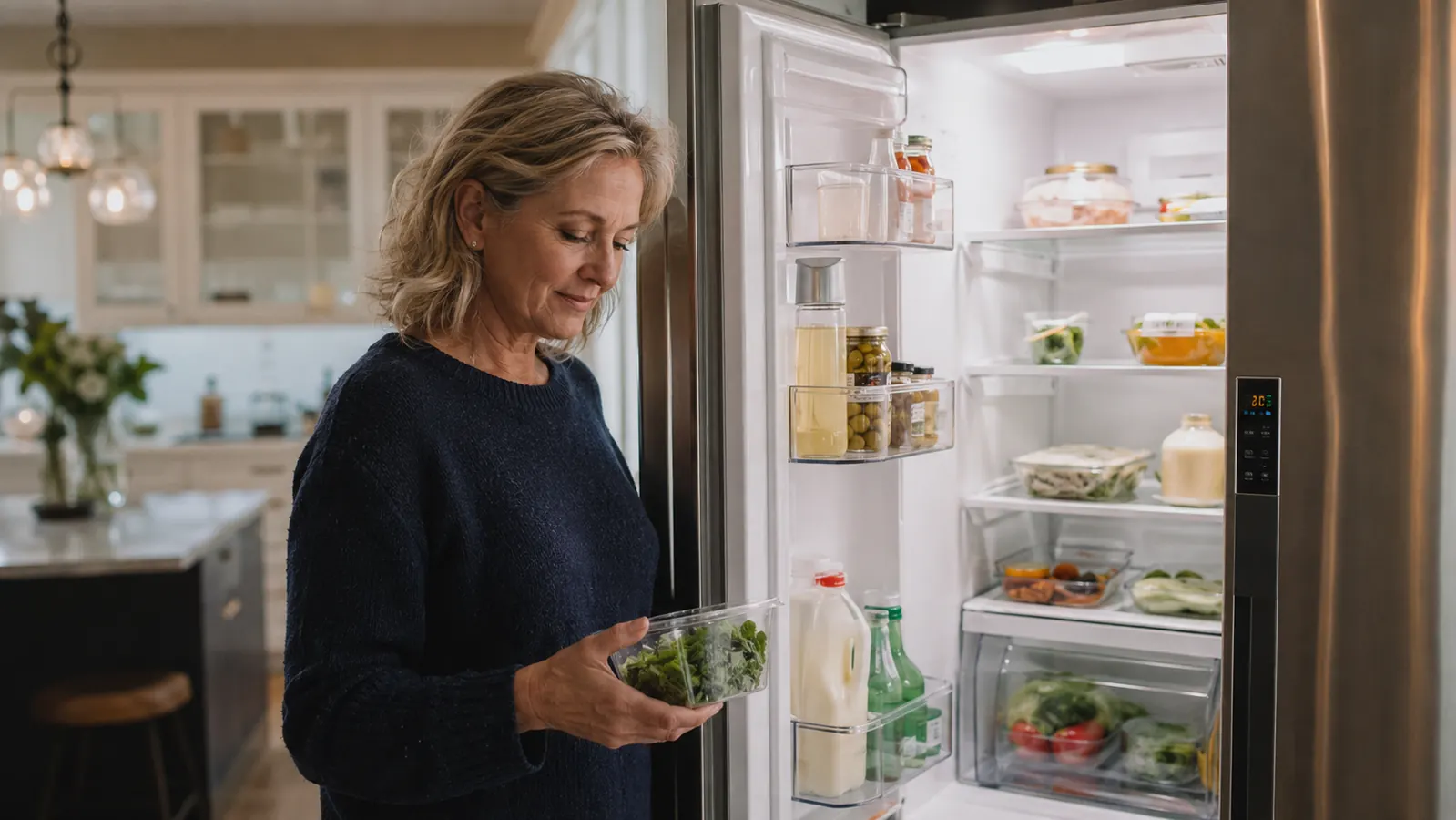 Woman standing at an open, uncluttered refrigerator finding food easily