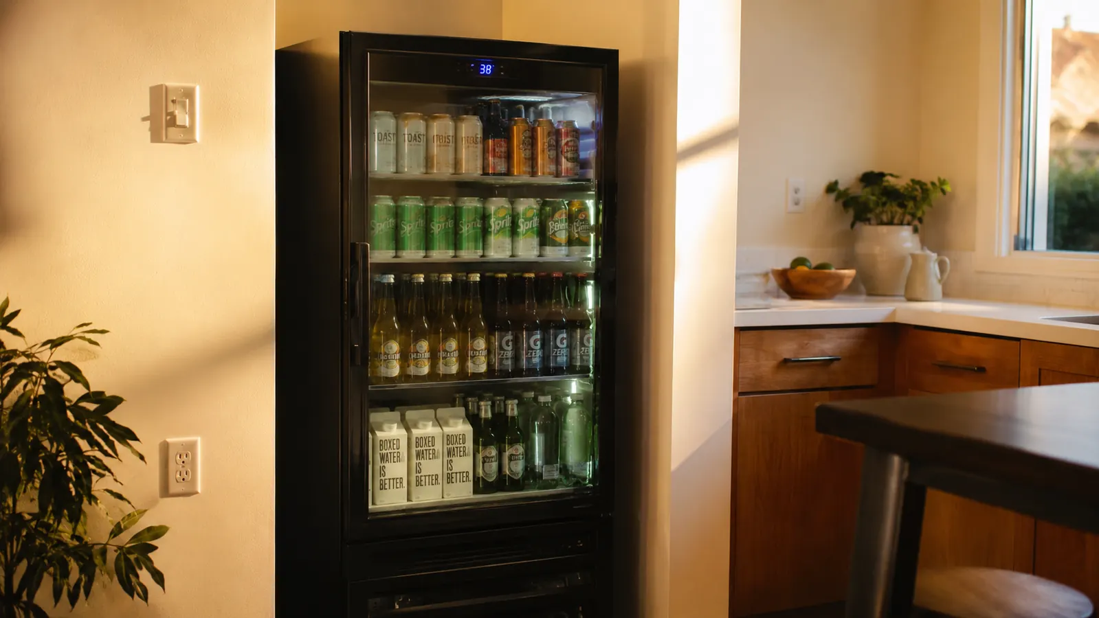 Glass-door beverage fridge tucked in a kitchen corner, stocked and organized