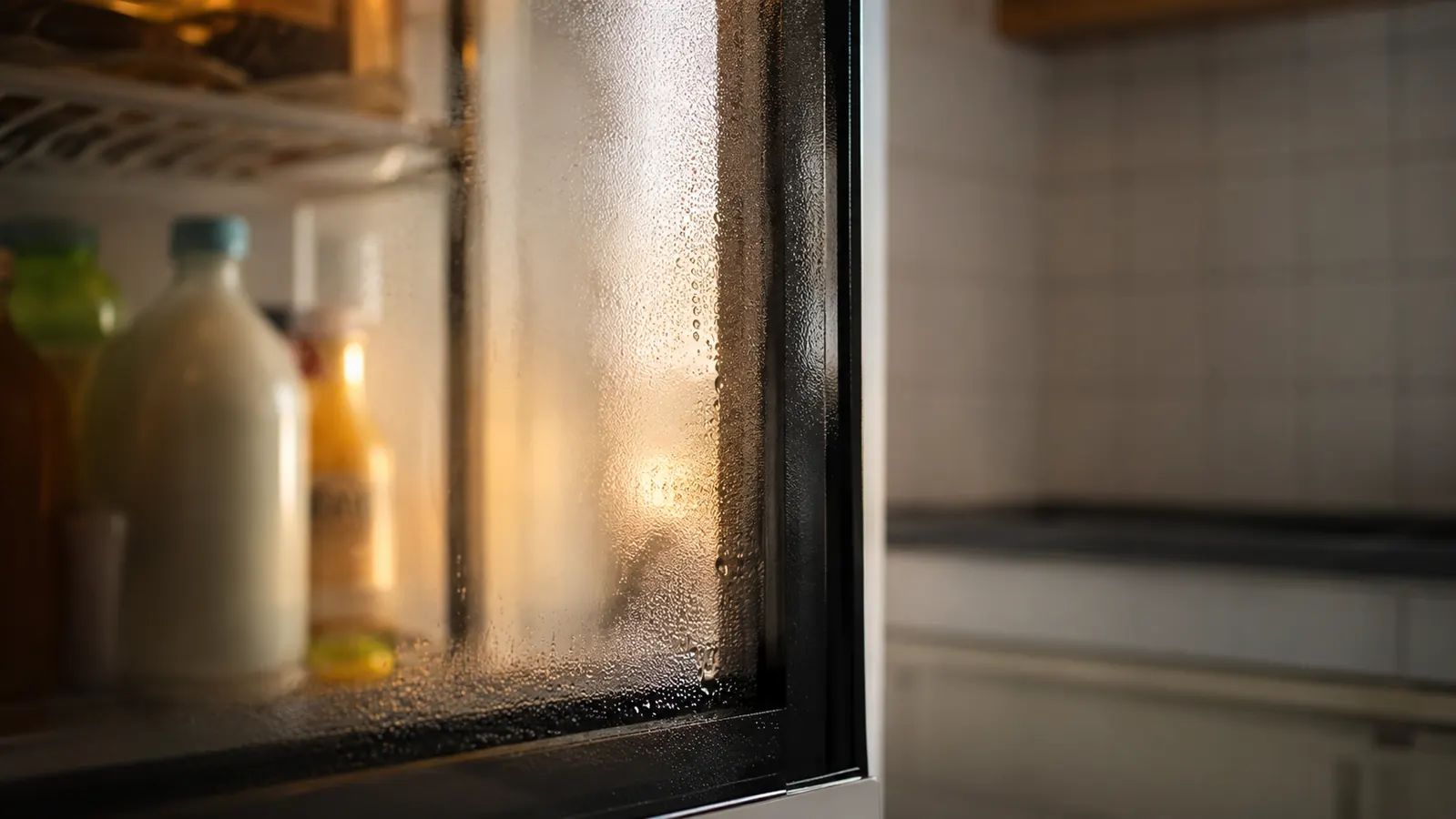 Close-up of light condensation fogging the lower corner of a glass beverage fridge door on a humid Tucson morning