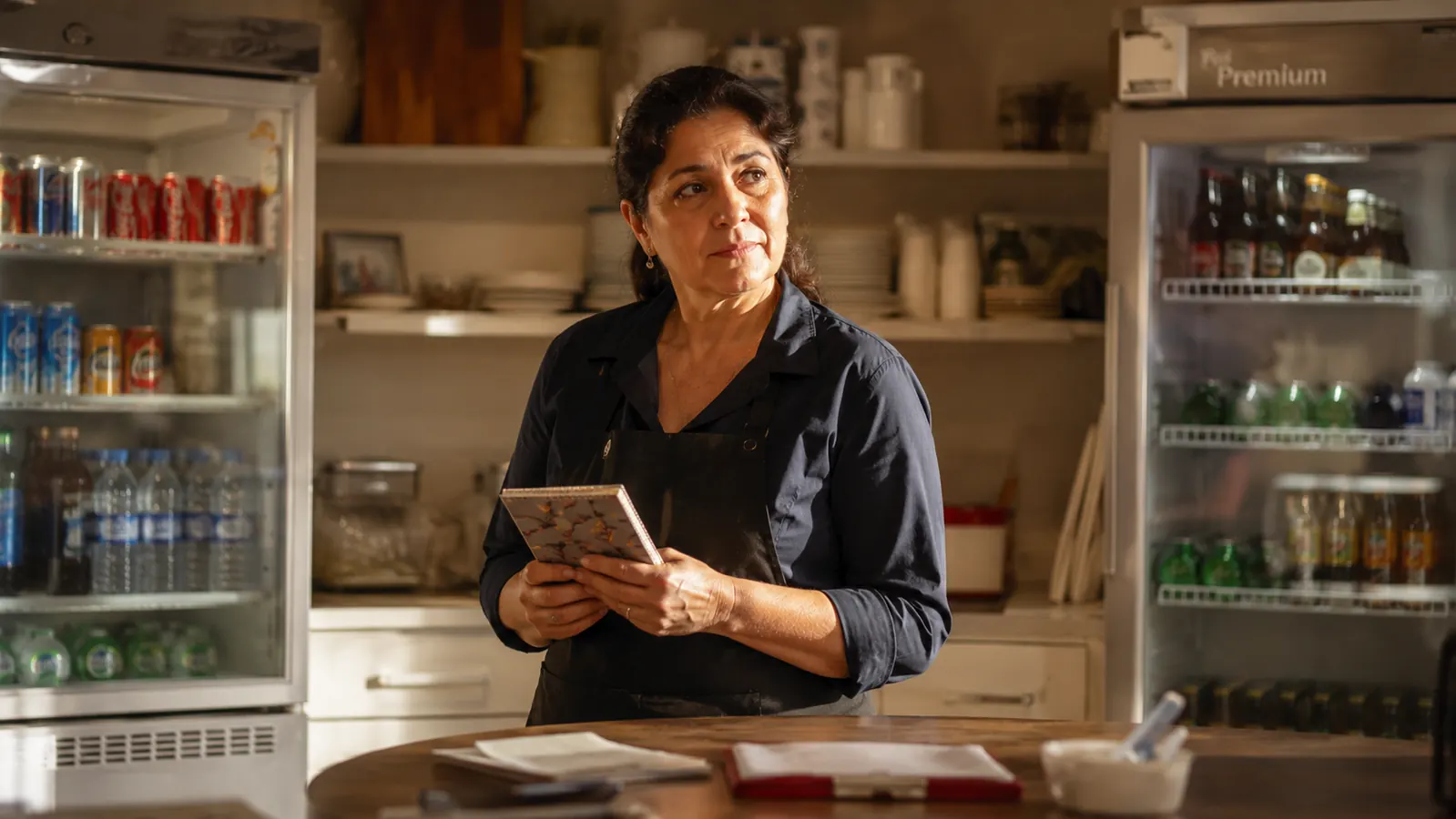 Woman standing between two beverage fridges on her kitchen counter comparing them with a notebook in hand