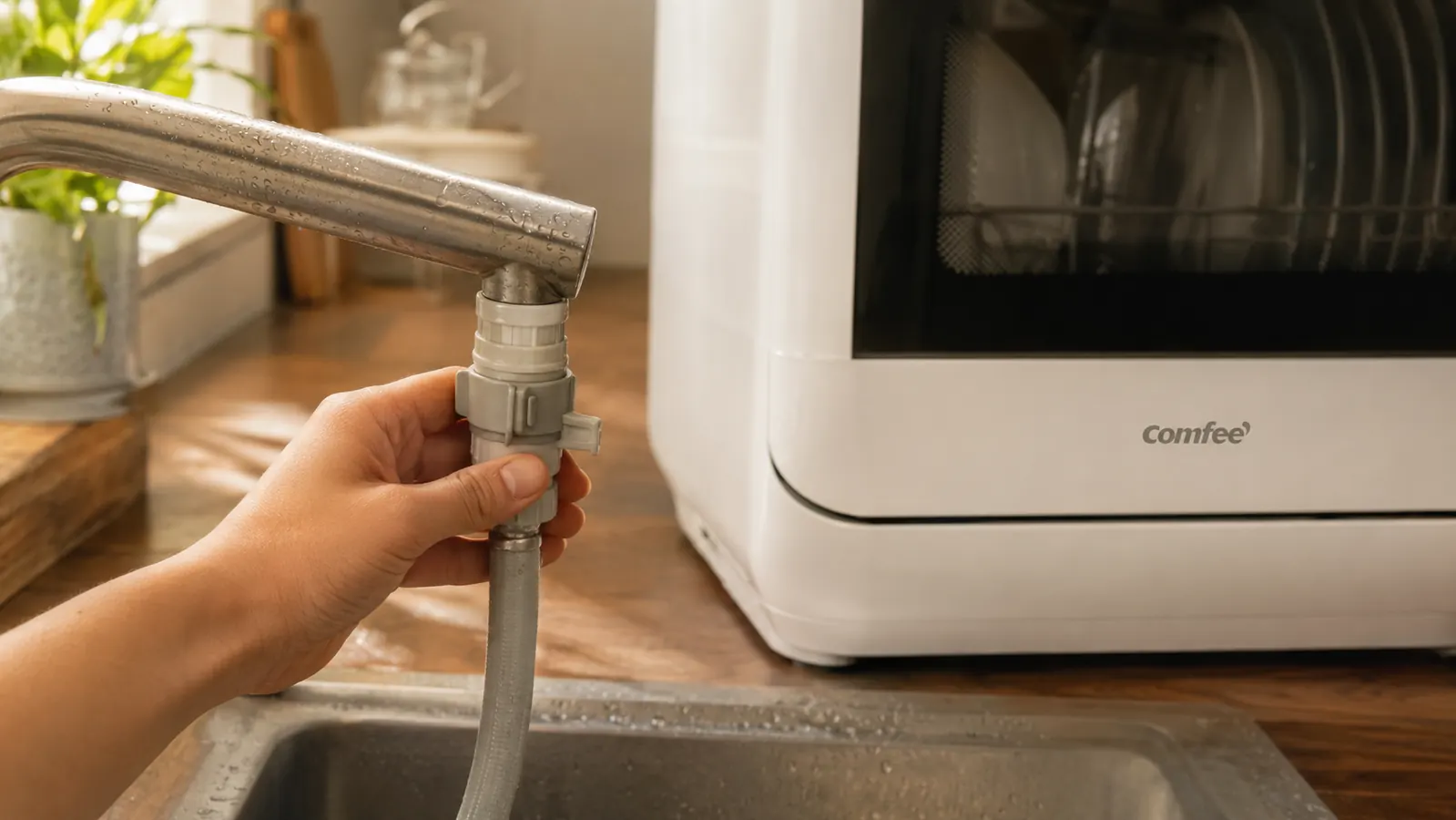 Hand connecting a faucet adapter hose from a countertop dishwasher to a kitchen sink faucet