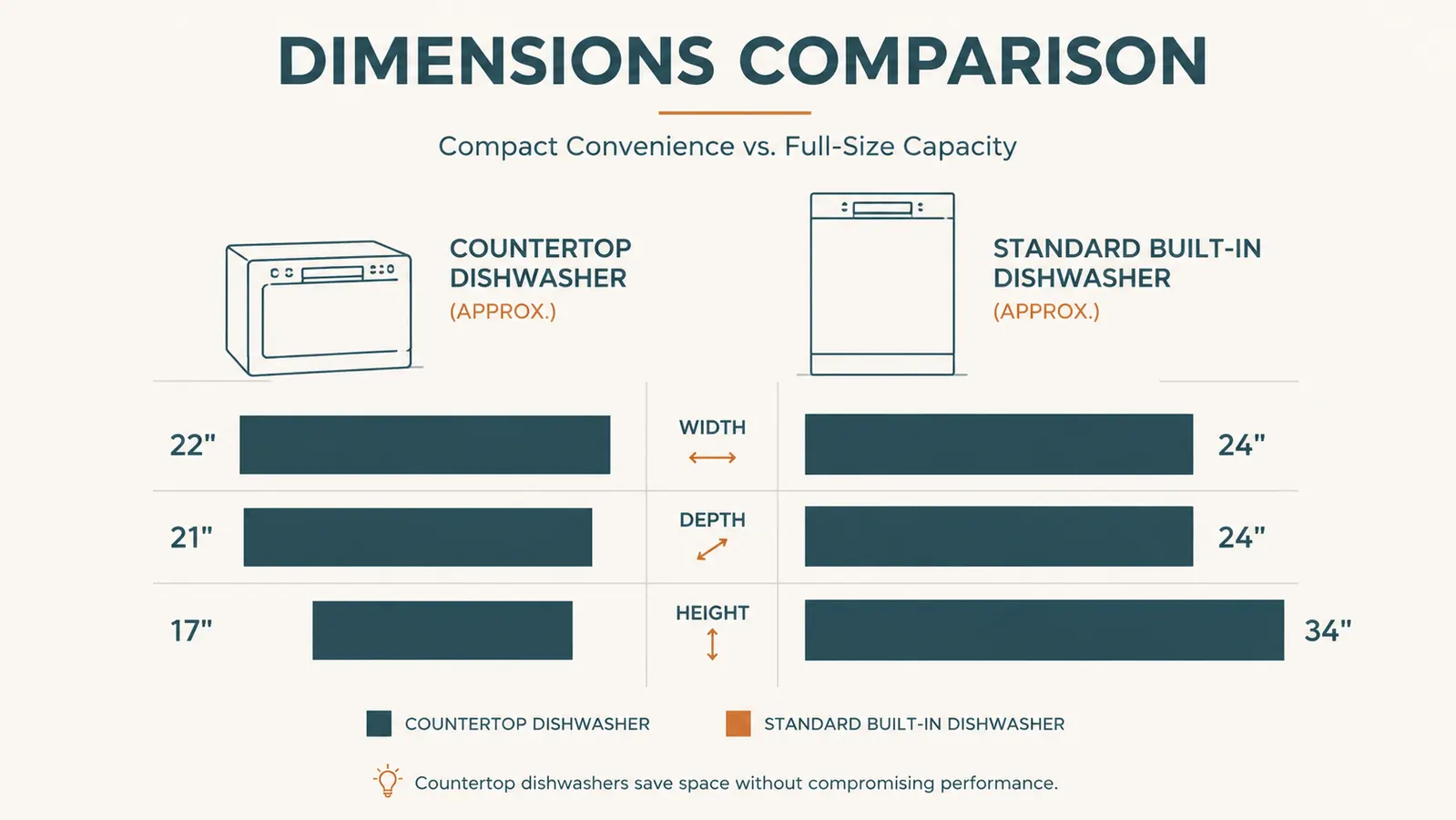 Chart comparing footprint dimensions of a countertop dishwasher versus a standard built-in dishwasher