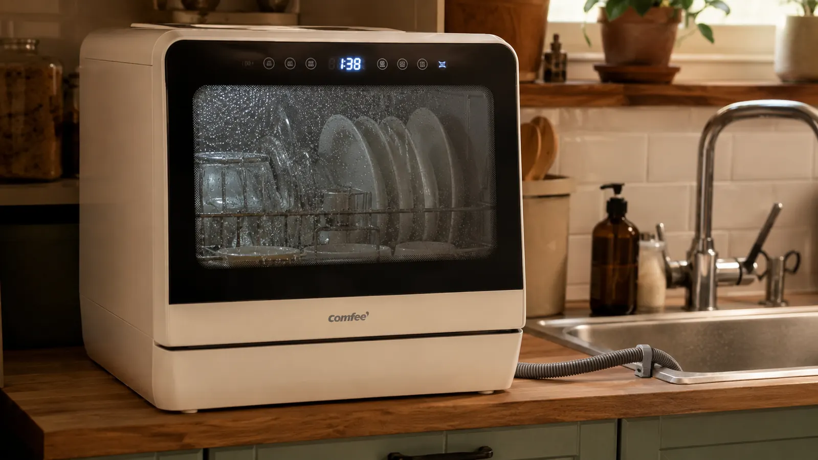 Countertop dishwasher running mid-cycle on an apartment kitchen counter with drain hose looped into the sink basin