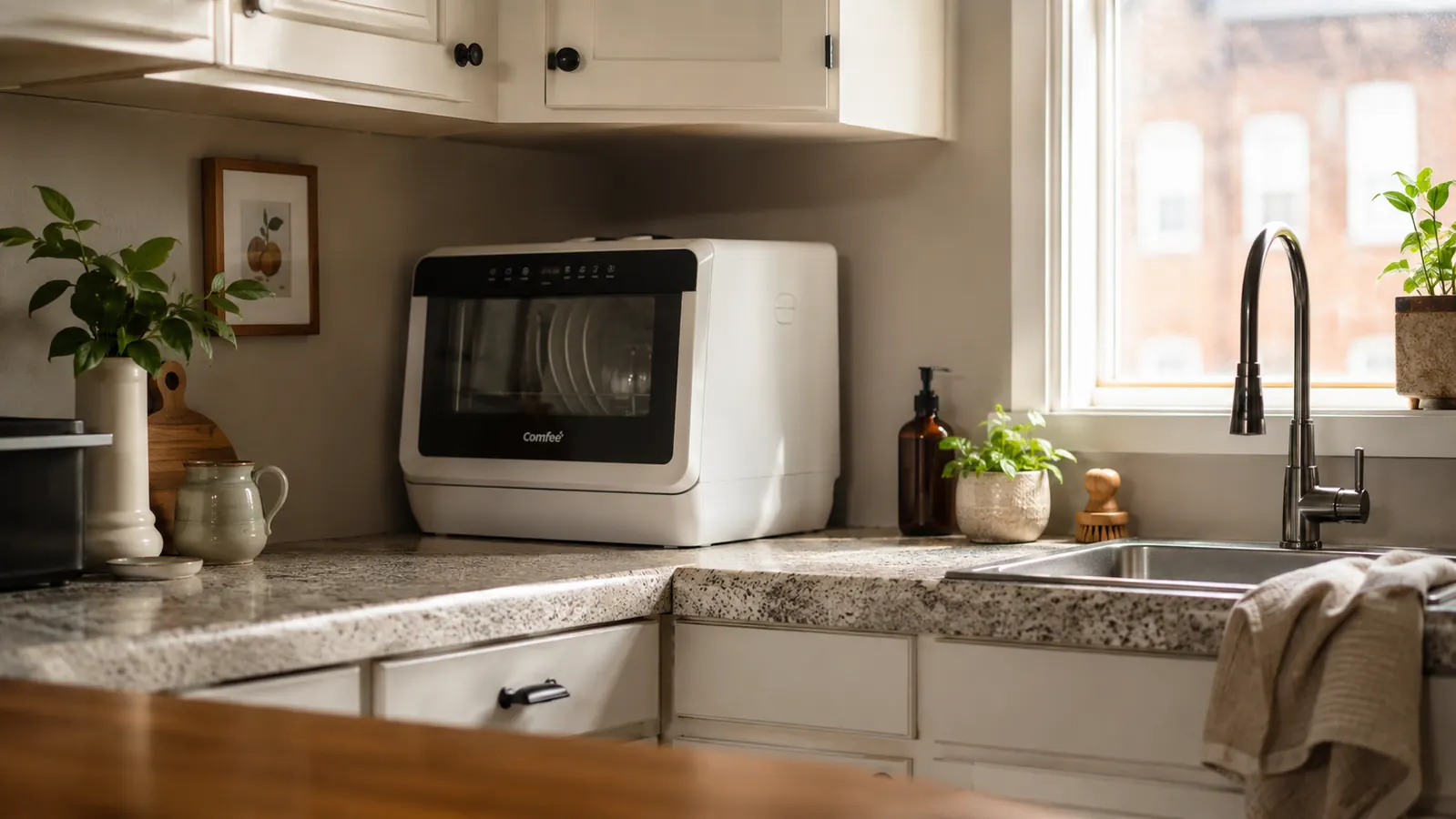 Tidy apartment kitchen counter after removing the dish drying rack, dishwasher tucked in the corner