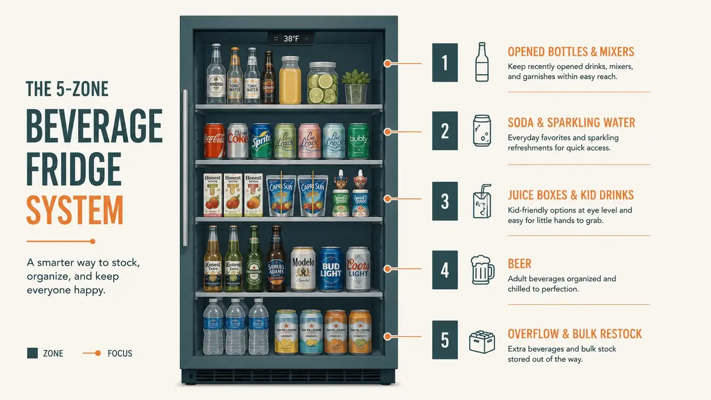 Chart showing a five-shelf beverage fridge zoning layout from top to bottom