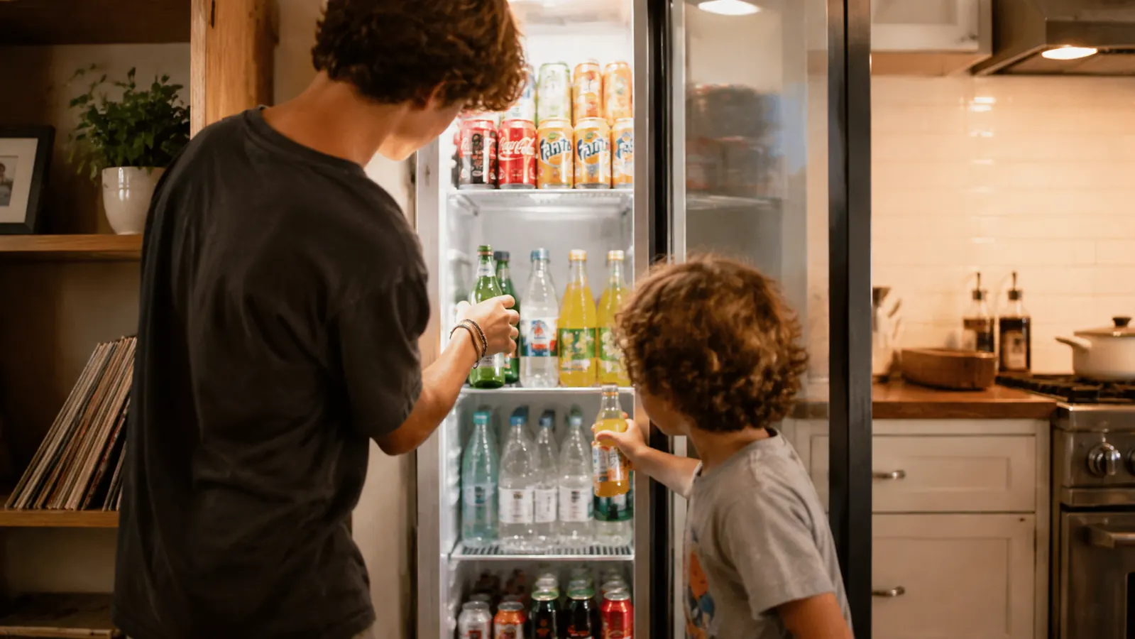 Family kitchen scene with a teenager and a young child each grabbing their own drink from a beverage fridge without searching