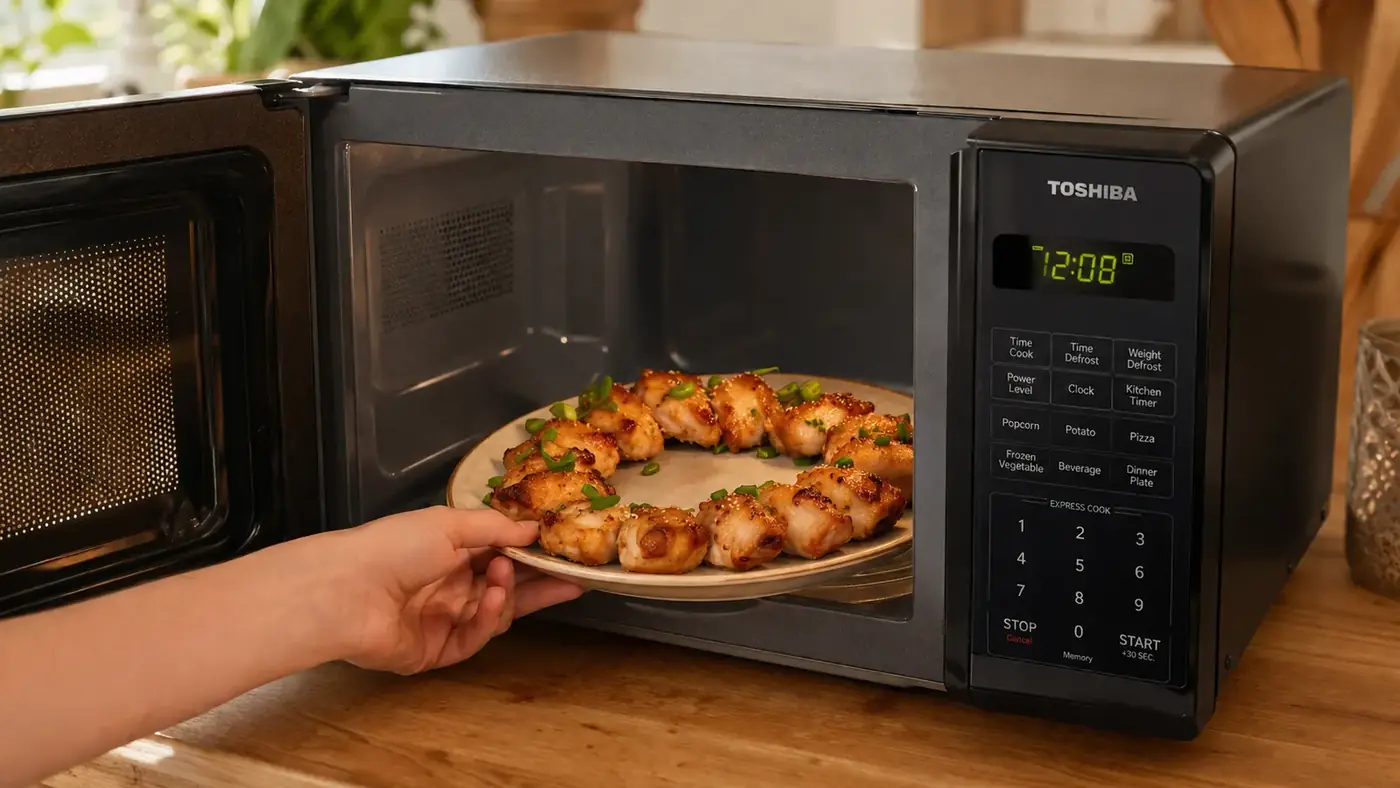 Food arranged in a ring near the edge of a microwave turntable before reheating