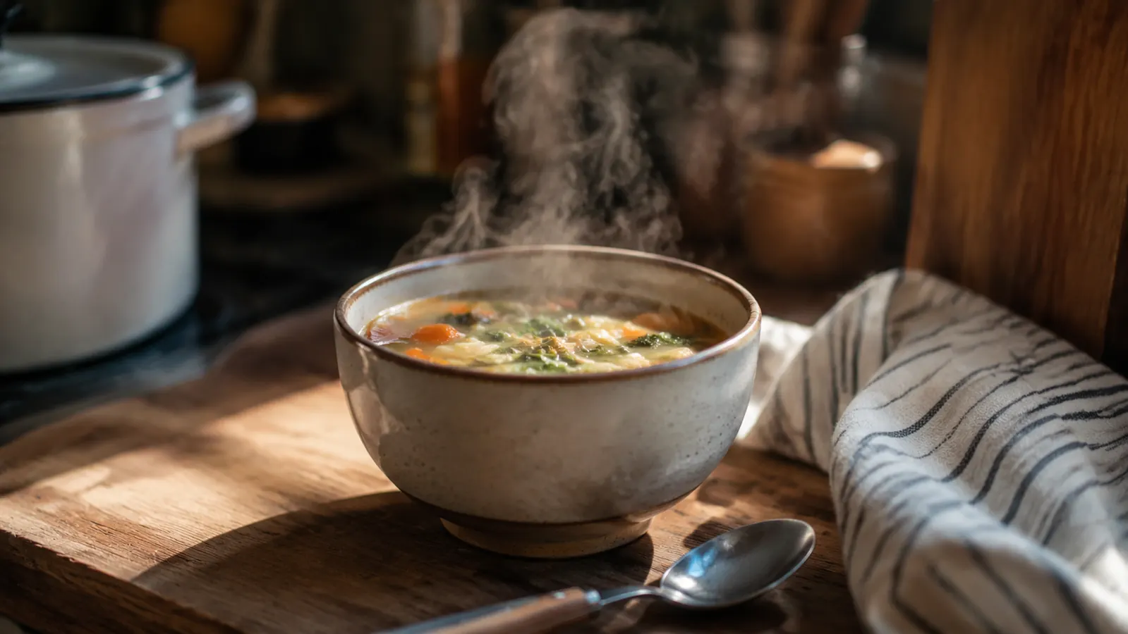 Steam rising off a freshly reheated bowl of soup resting on a kitchen counter
