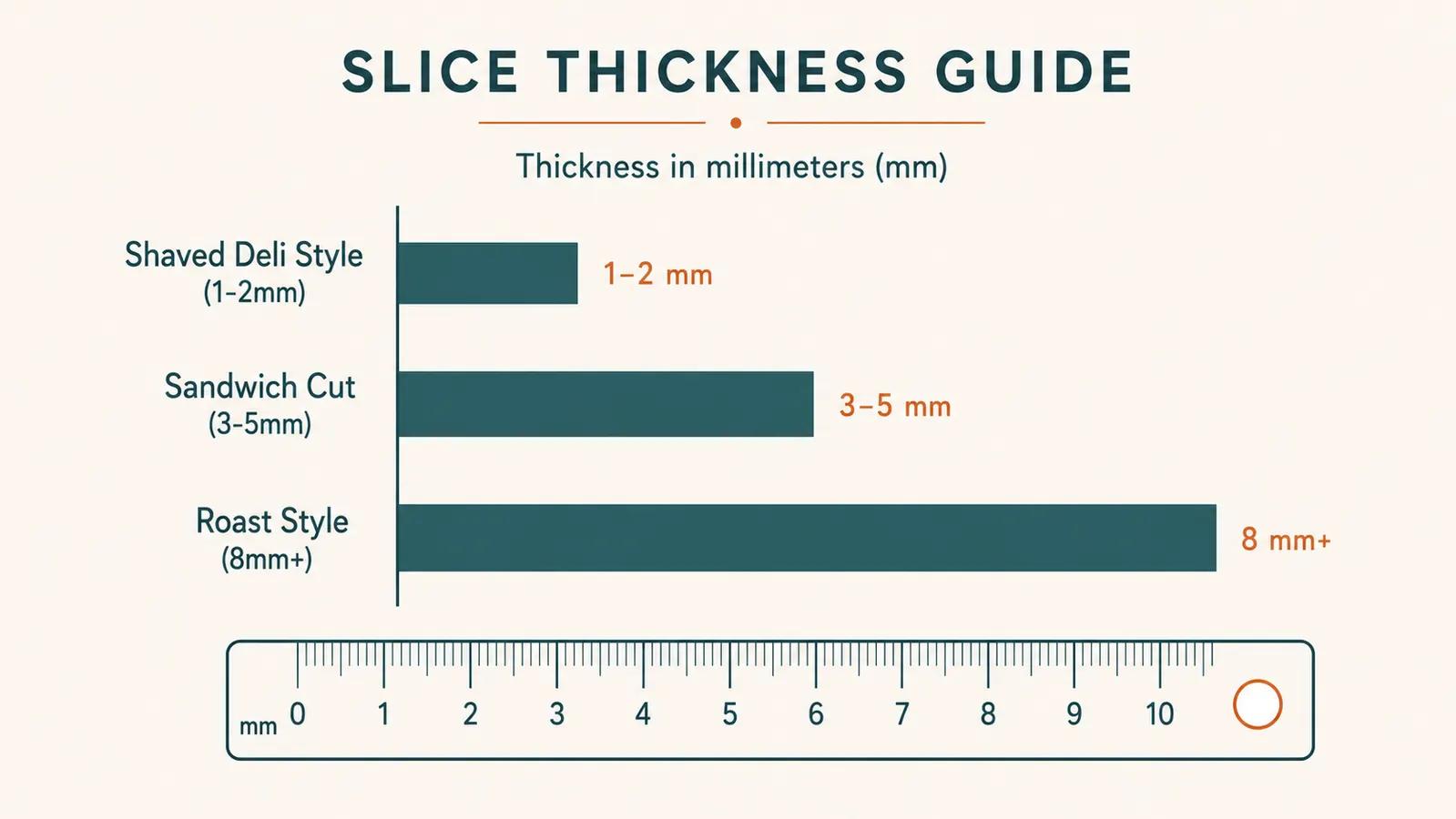 Chart comparing slice thickness settings for deli-style meat versus thicker home cuts