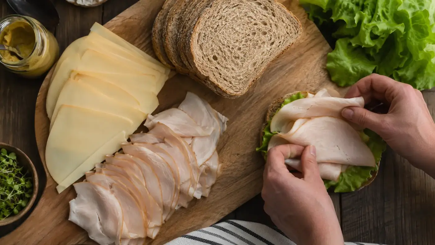 Freshly sliced deli meat and cheese arranged on a wooden board with a sandwich being built