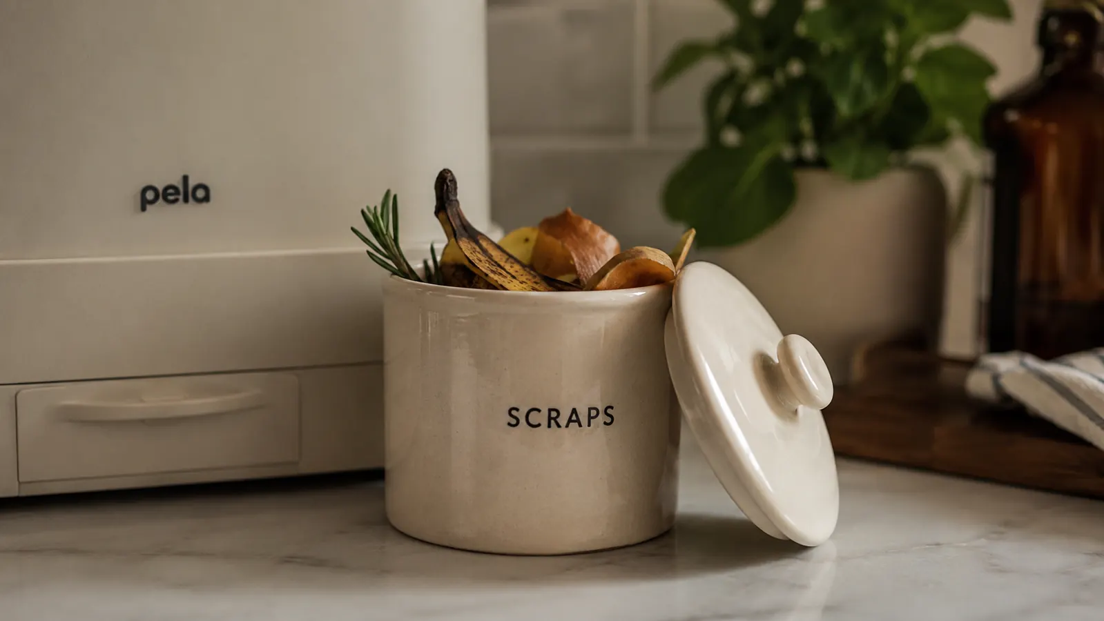 Small labeled countertop scrap caddy sitting beside the composter for daily sorting