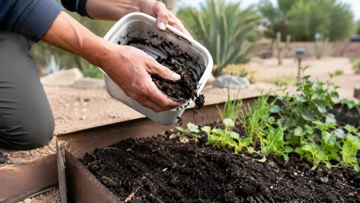 Dry, crumbly finished compost output being scooped into a garden bed