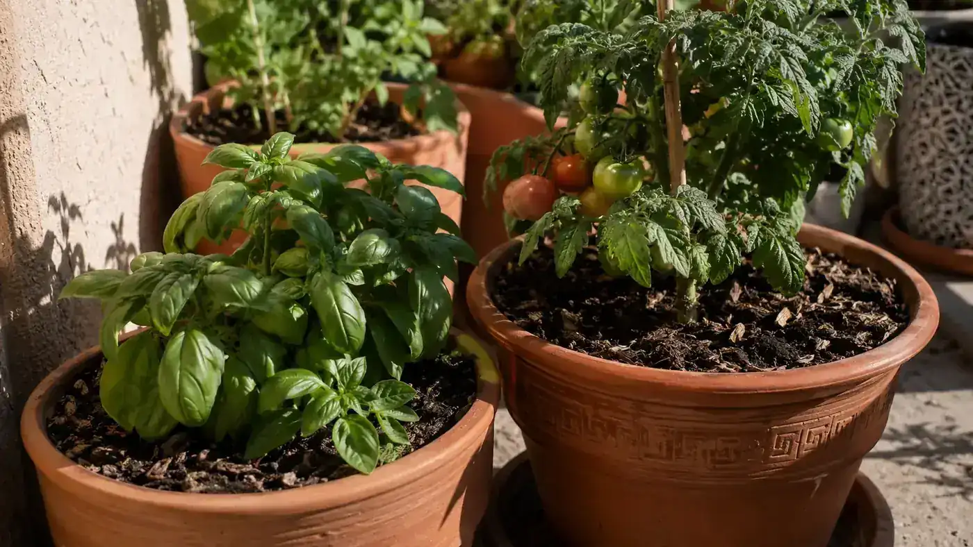 Potted basil and tomato plants on a sunny patio, thriving in composted soil