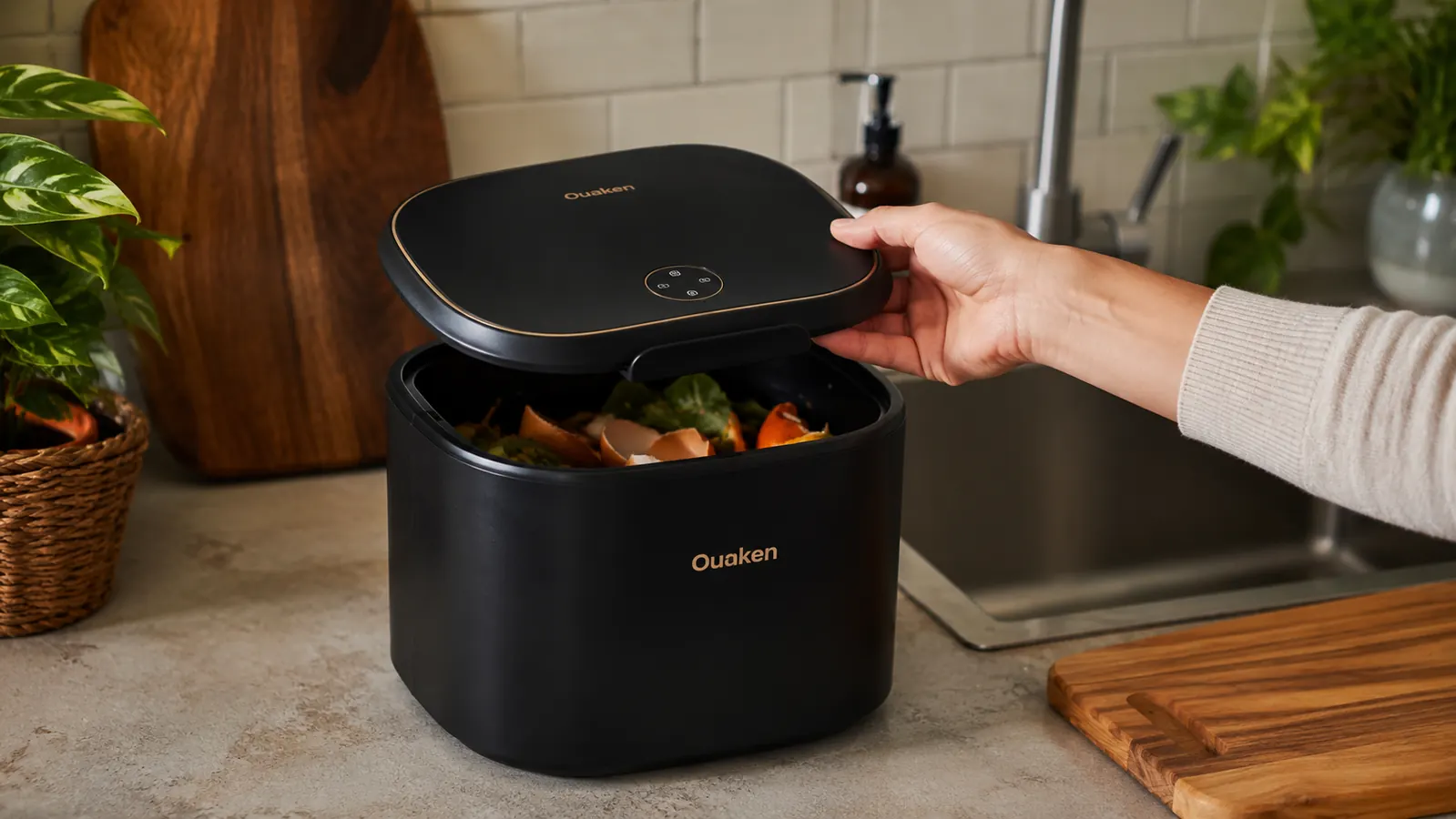 Hand lifting the lid of the Ouaken composter to check the fill line inside the bucket