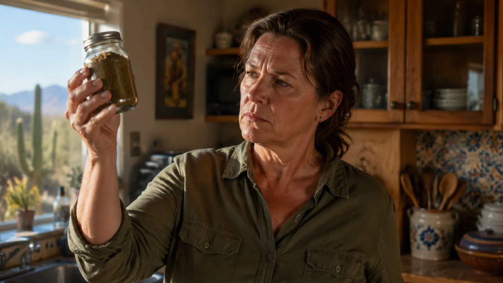 Woman in her fifties holding a small jar of dried compost grounds up to the light near a kitchen window
