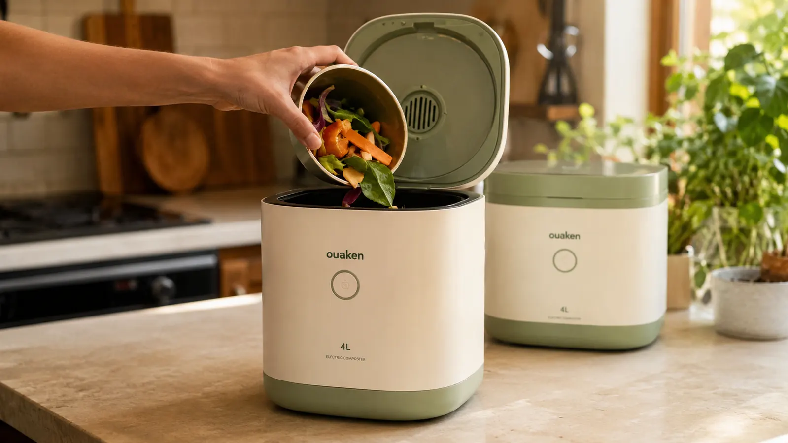 Hand emptying a bowl of vegetable scraps into the Ouaken electric composter bucket