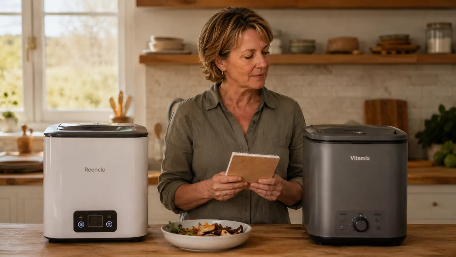Woman comparing two electric composters on her kitchen counter with a notebook
